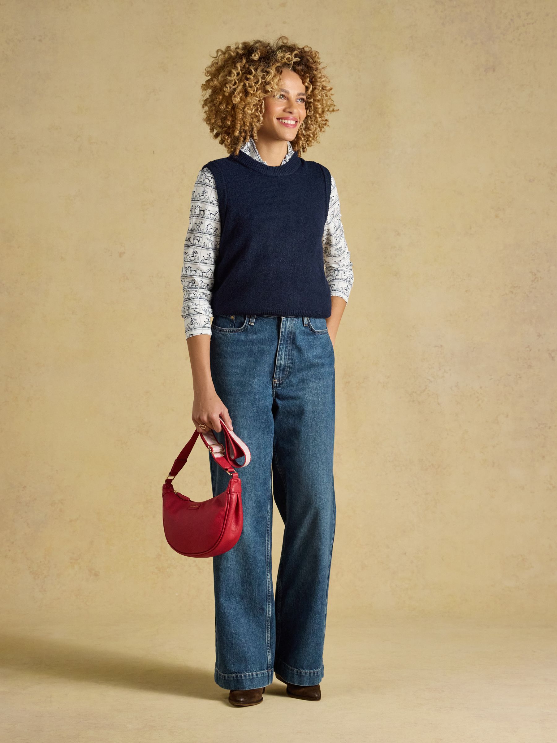 Heidi Creme/Navy Horse Grid Frill Neck Printed Jersey Top - Image 6 of 8