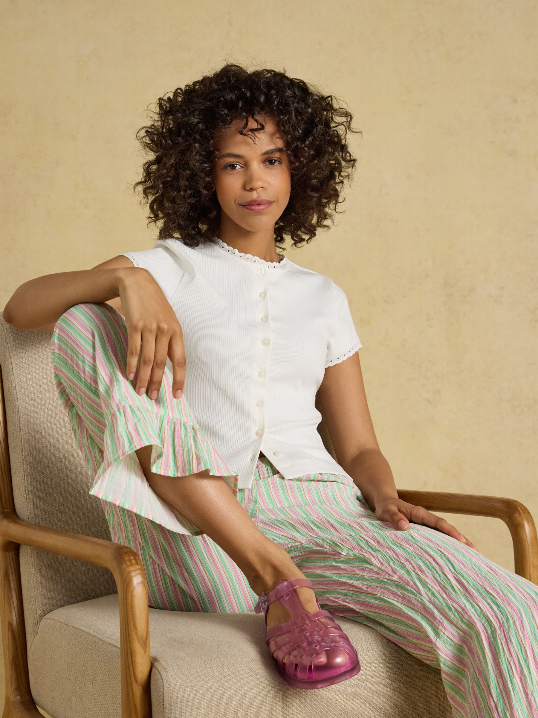 Lila Cream Short Sleeve Ribbed Button Front Jersey Top | Joules
