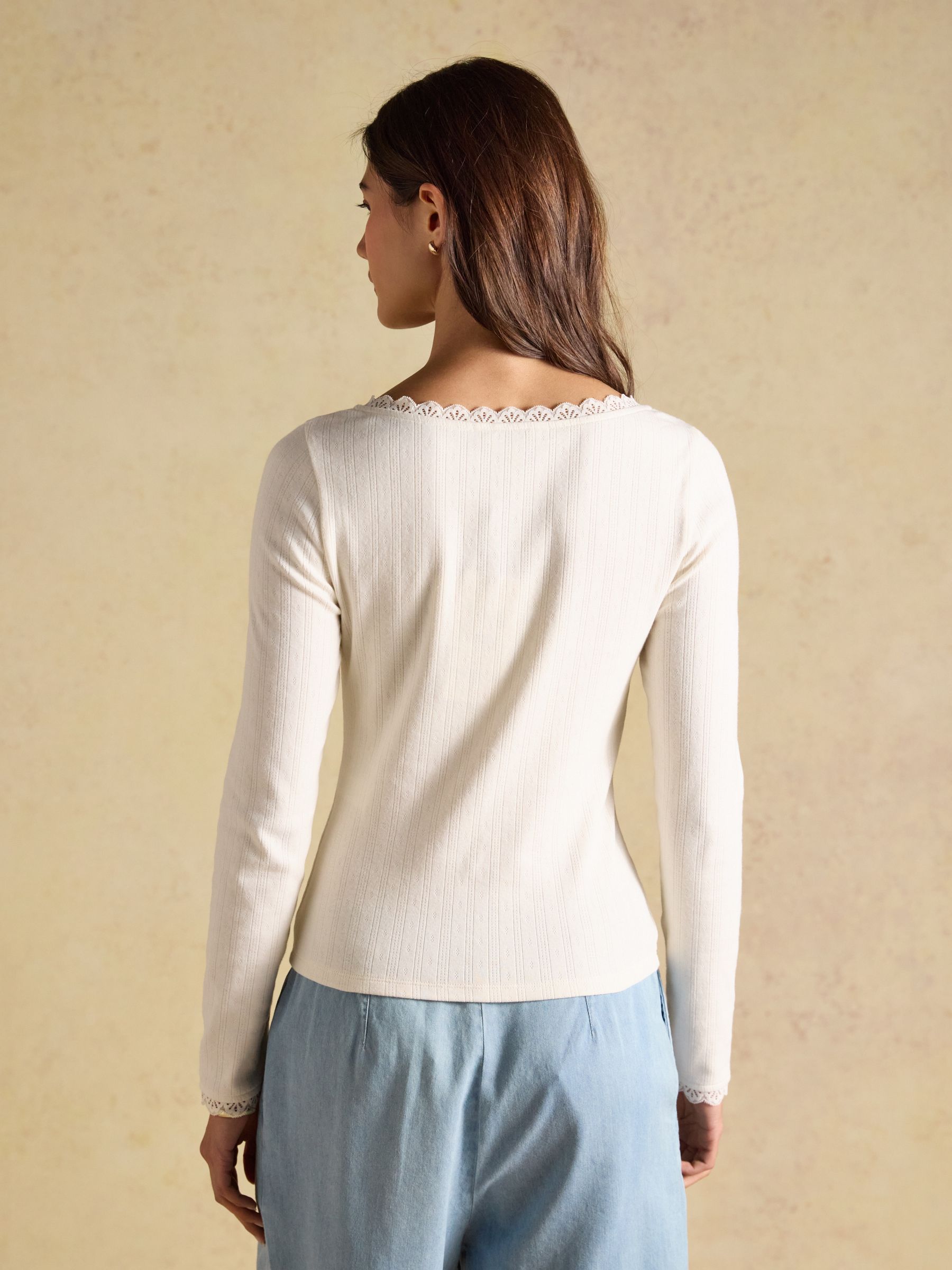 Romy Cream Long Sleeve V Neck Pointelle Jersey Top - Image 2 of 6