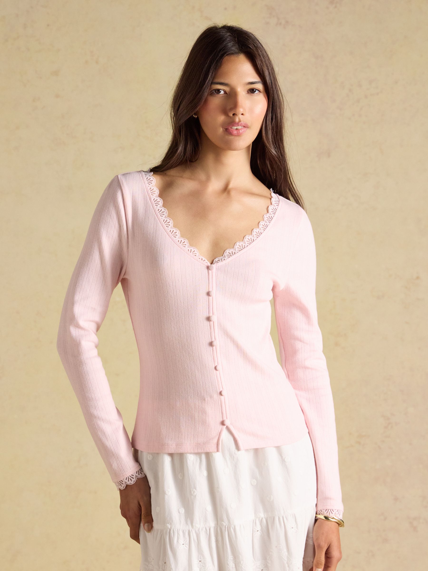 Romy Pink Long Sleeve V Neck Pointelle Jersey Top - Image 1 of 6