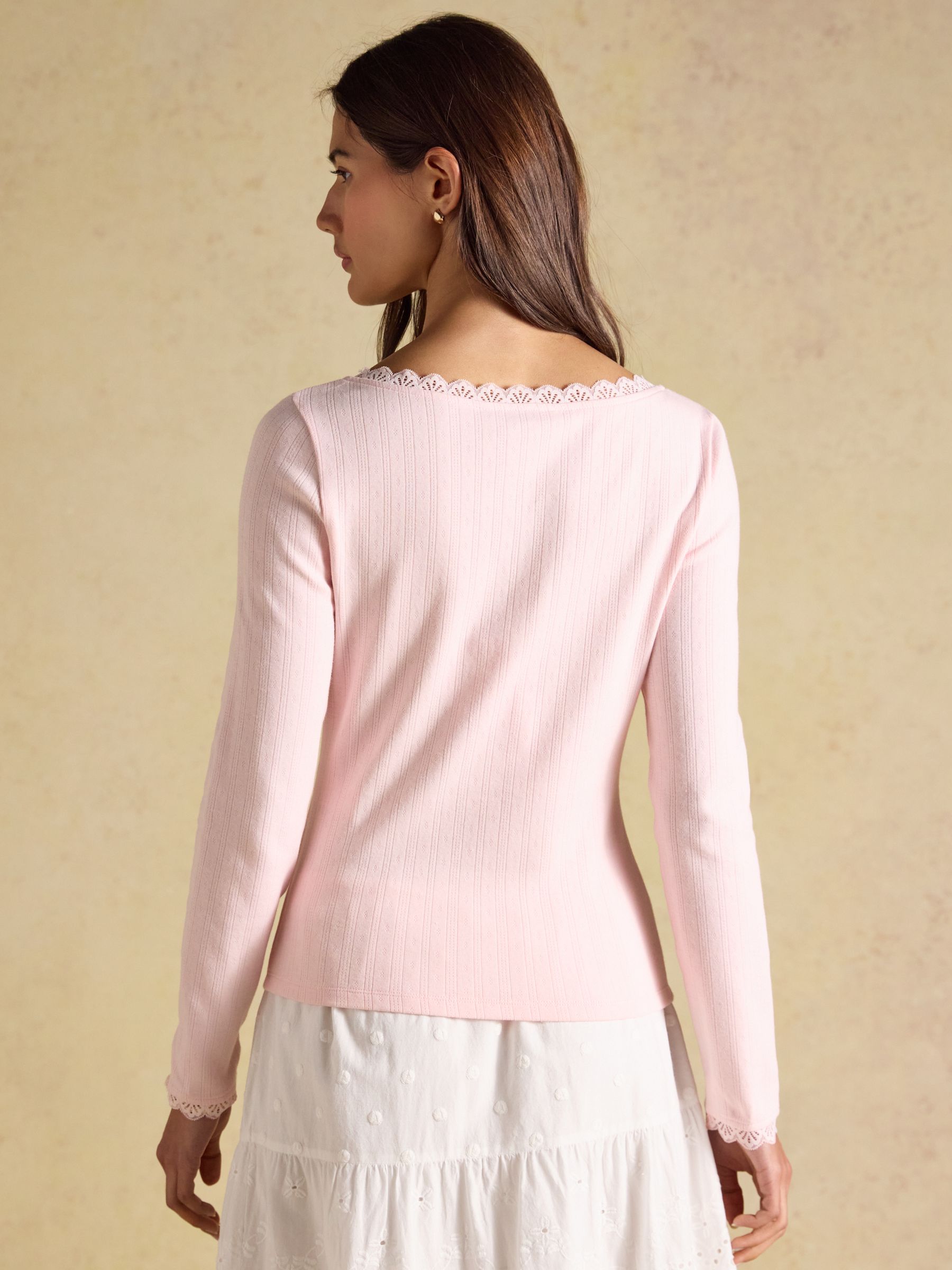 Romy Pink Long Sleeve V Neck Pointelle Jersey Top - Image 2 of 6