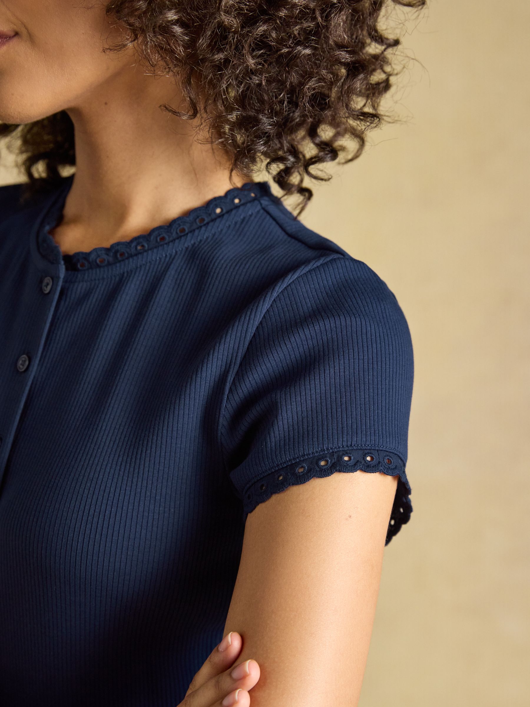 Lila Navy Short Sleeve Ribbed Button Front Jersey Top - Image 4 of 7