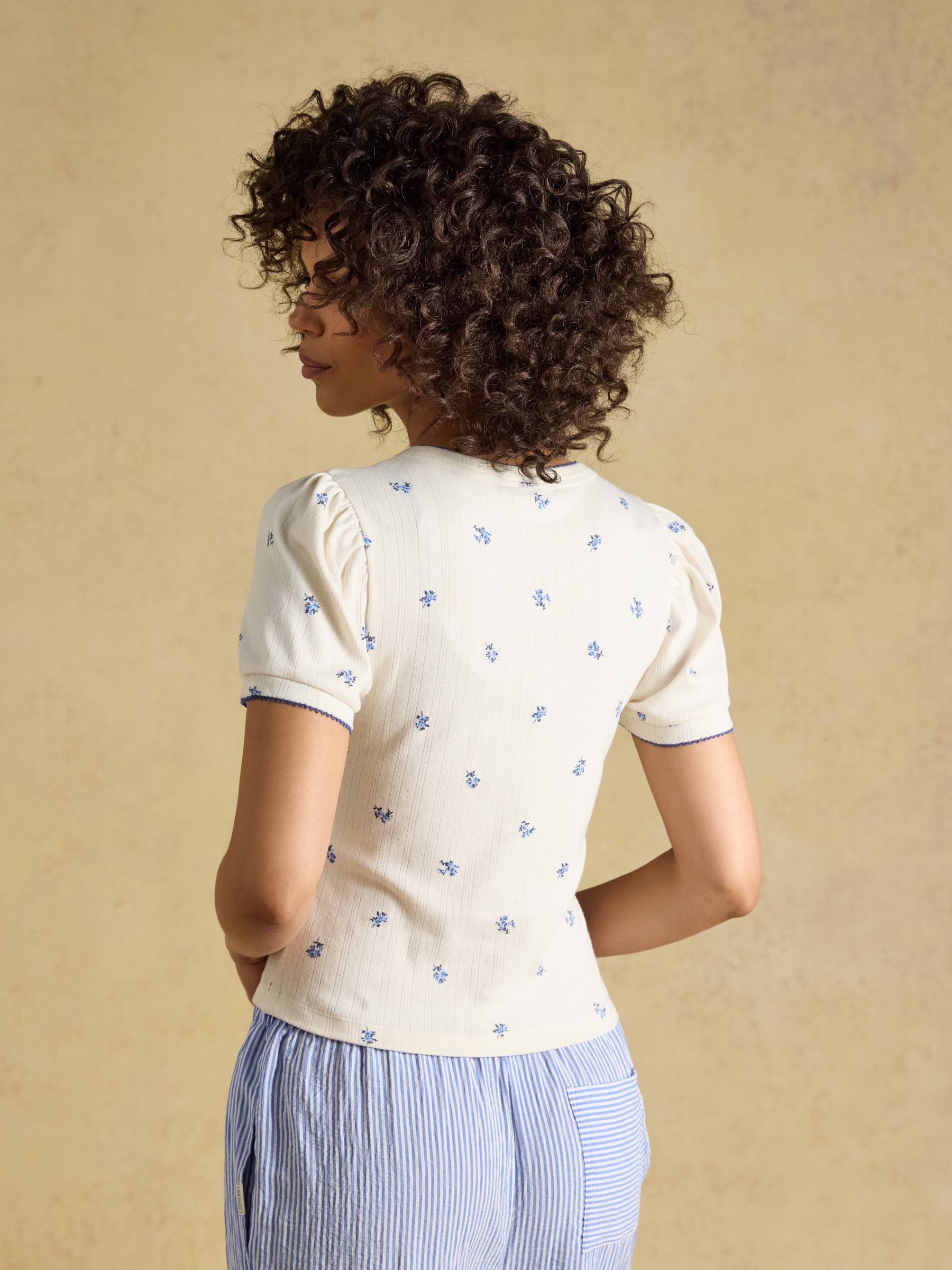 Nina Cream/Blue Ditsy Short Puff Sleeve Pointelle Top - Image 2 of 7 Nina Cream/Blue Ditsy Short Puff Sleeve Pointelle Top - Image 2 of 7