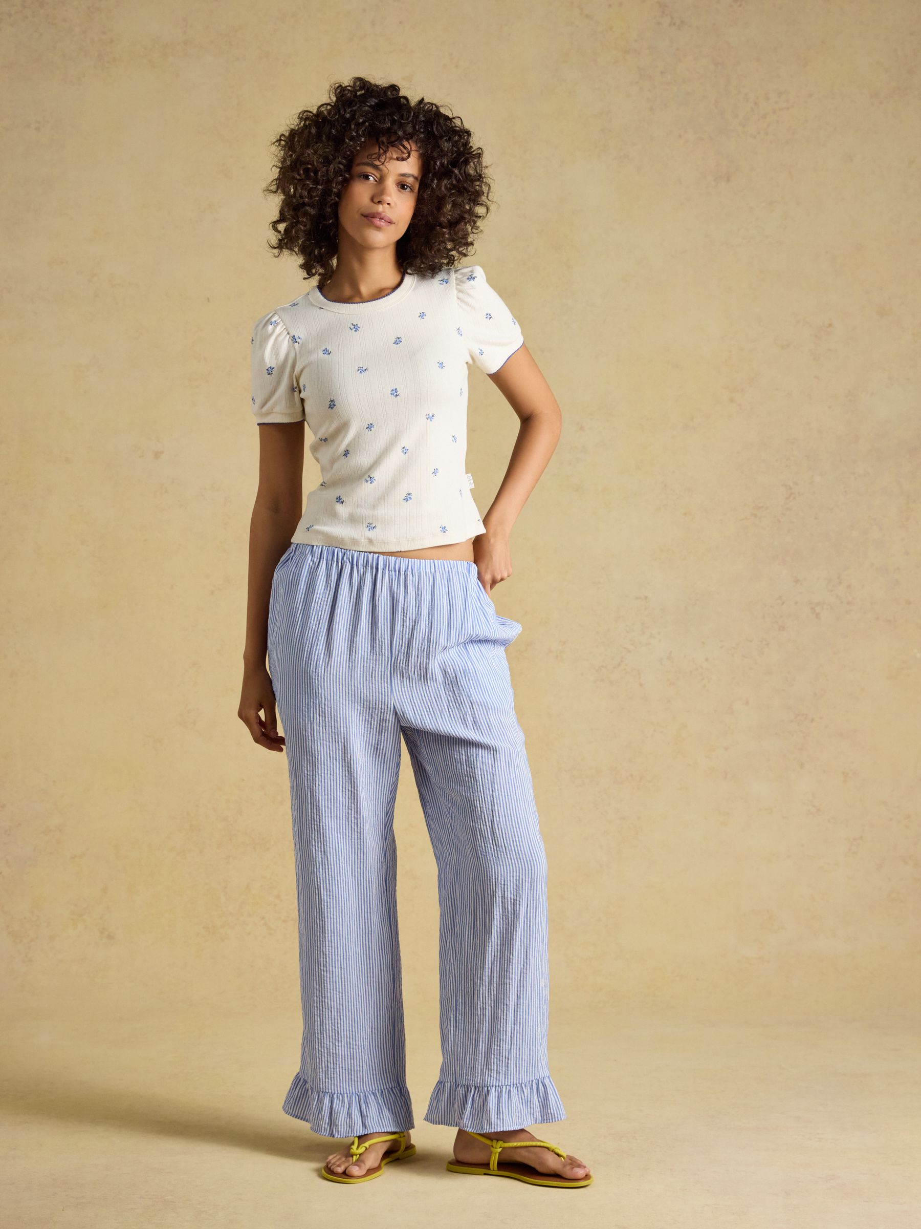 Nina Cream/Blue Ditsy Short Puff Sleeve Pointelle Top - Image 3 of 7