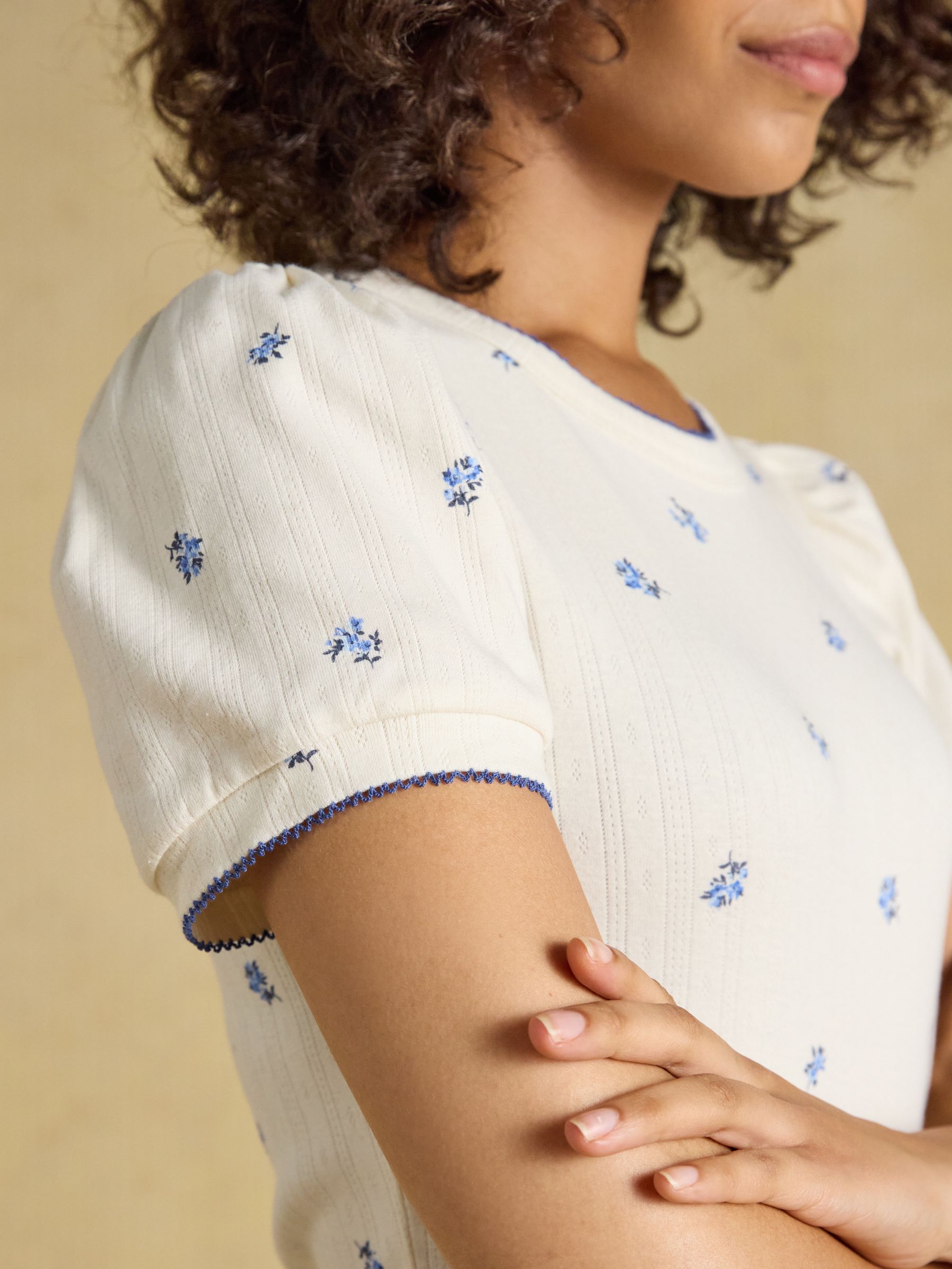 Nina Cream/Blue Ditsy Short Puff Sleeve Pointelle Top - Image 6 of 7