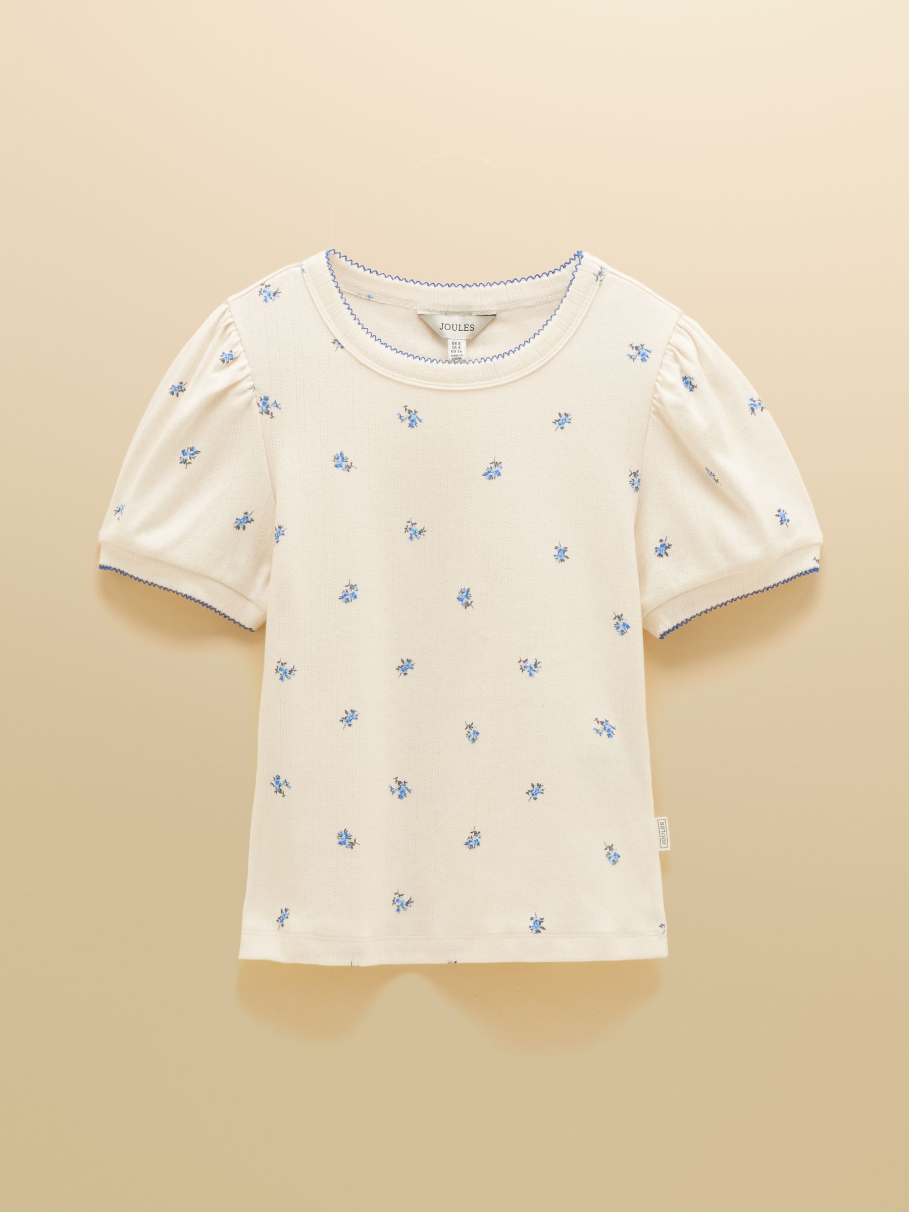 Nina Cream/Blue Ditsy Short Puff Sleeve Pointelle Top - Image 7 of 7