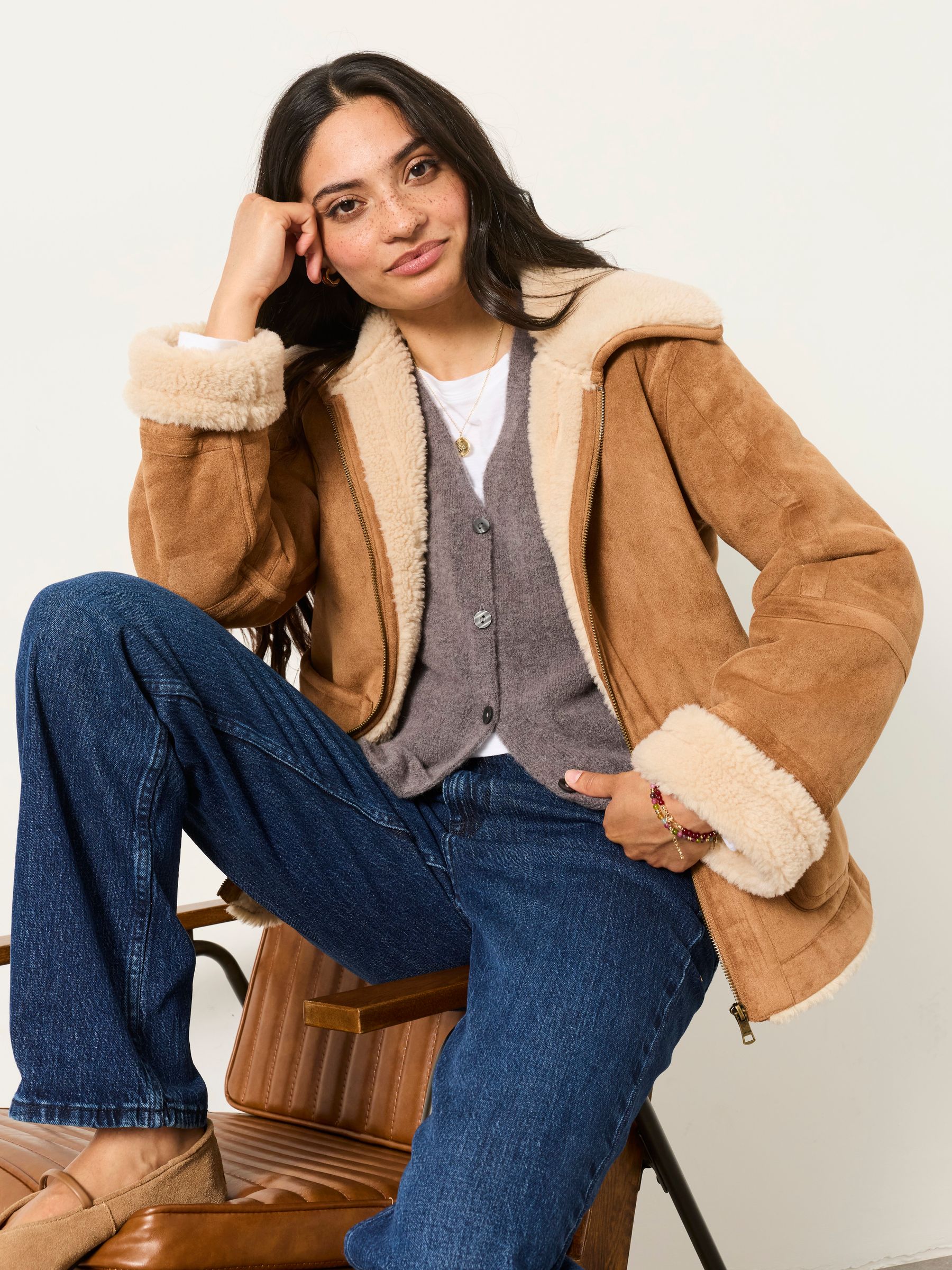 Aspen Tan Brown Petite Shearling Jacket - Image 5 of 6