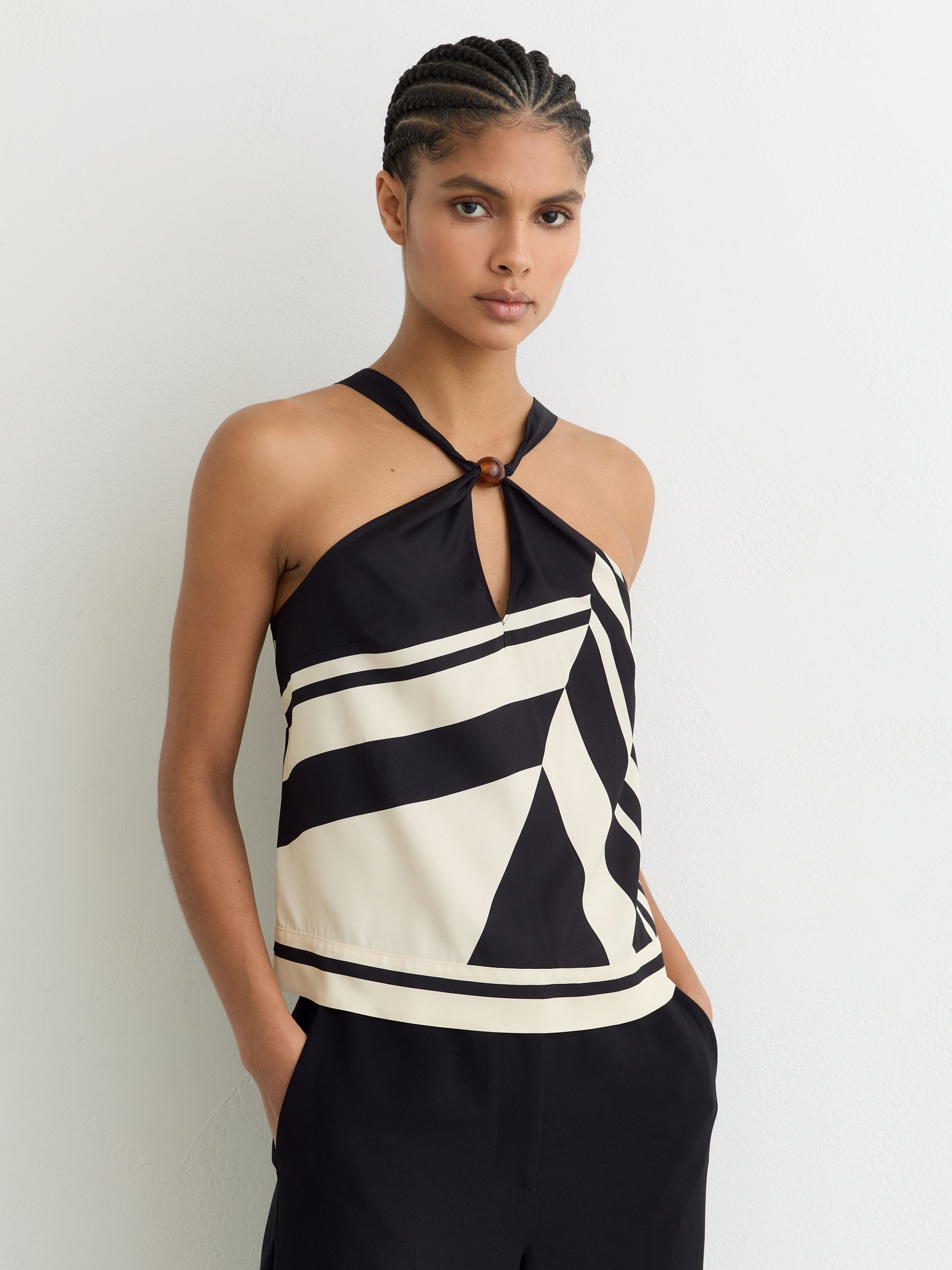 Scarf-Print Tie-Back Top in Black/White - Image 1 of 6