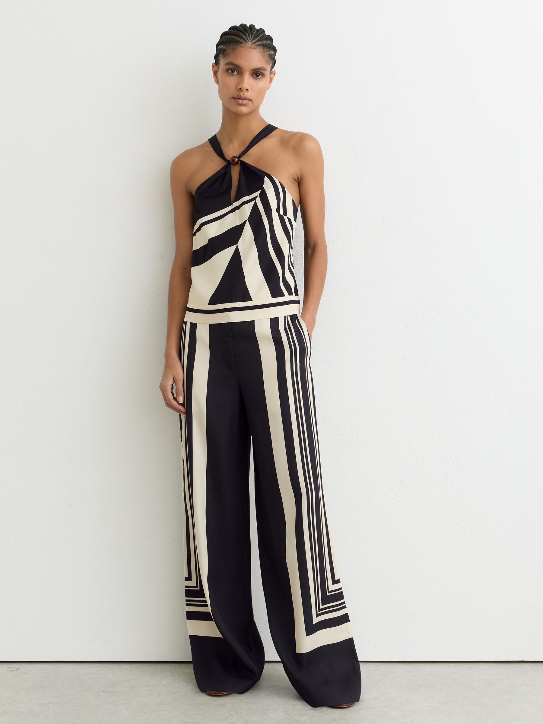 Wide-Leg Scarf-Print Trousers in Black - Image 1 of 7