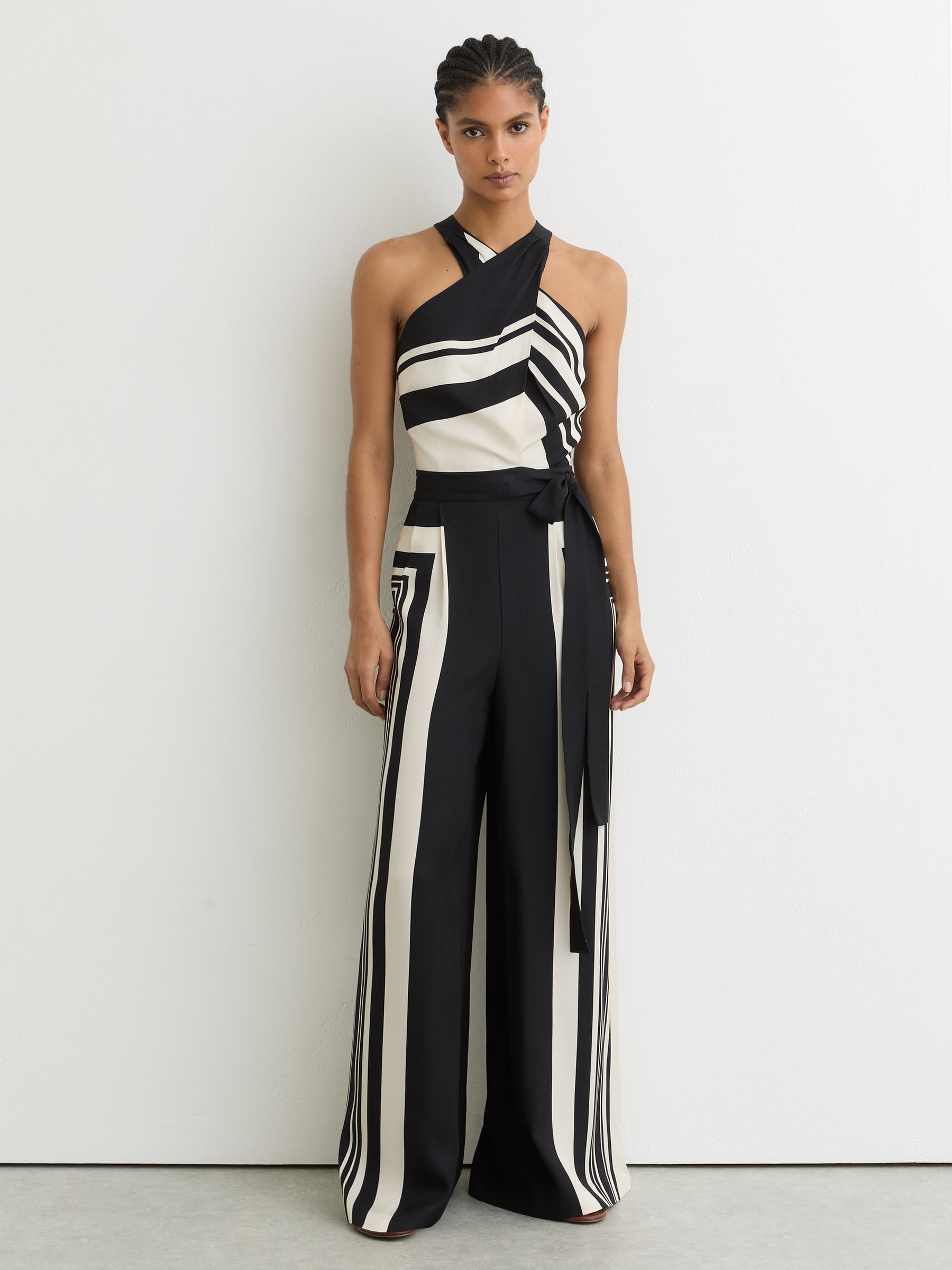 Scarf-Print Belted Wide-Leg Jumpsuit in Black/Ivory - image 3