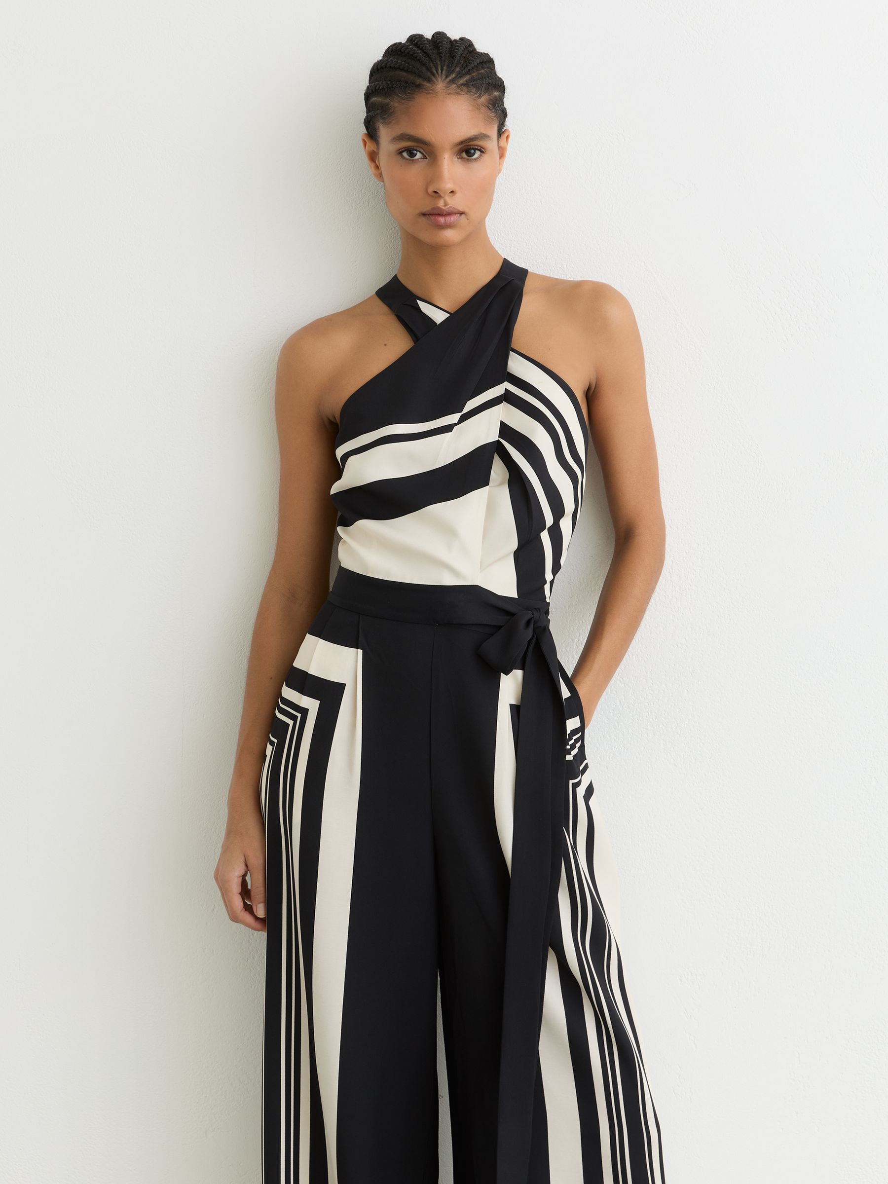 Scarf-Print Belted Wide-Leg Jumpsuit in Black/Ivory - image 4