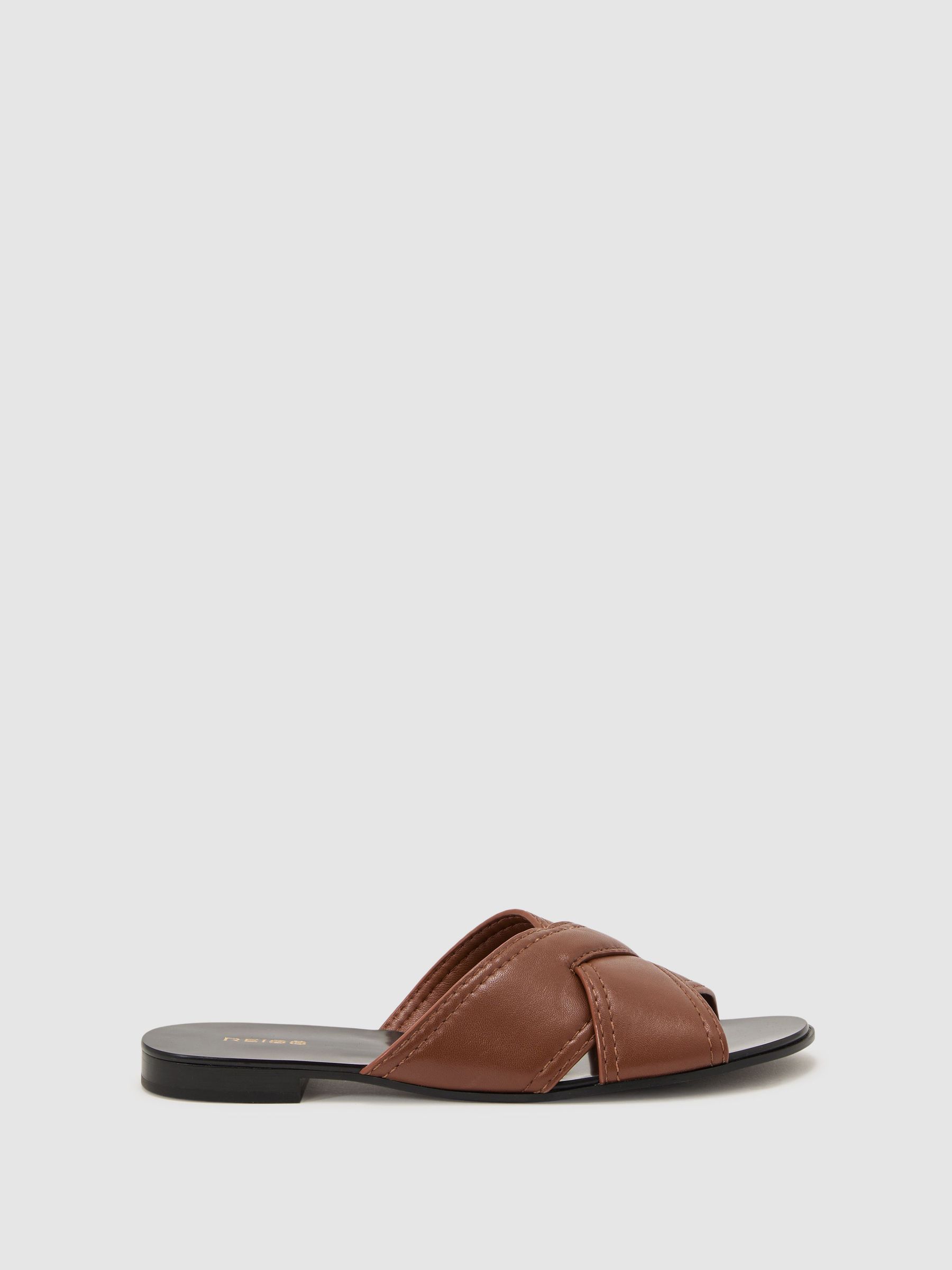 Leather Cross-Strap Flat Sandals in Tan - image 1