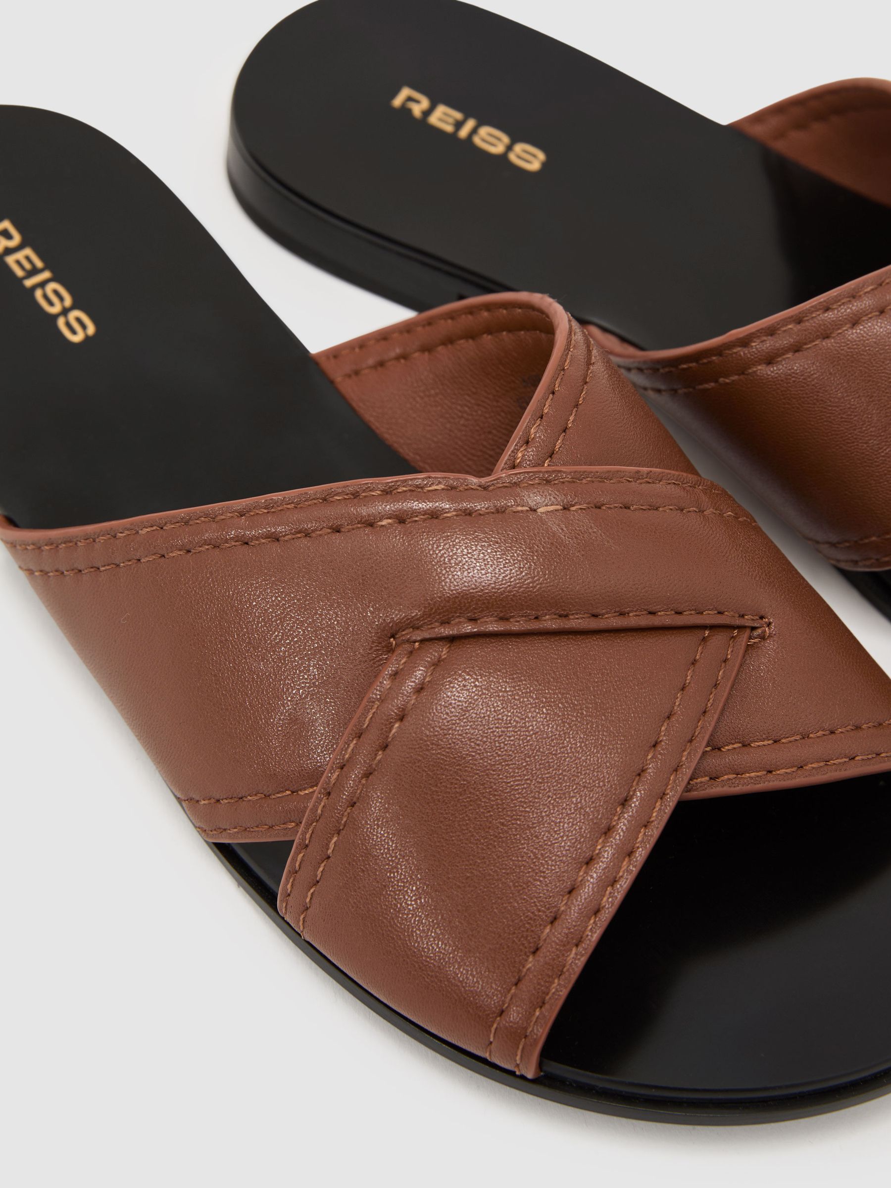 Leather Cross-Strap Flat Sandals in Tan - image 2