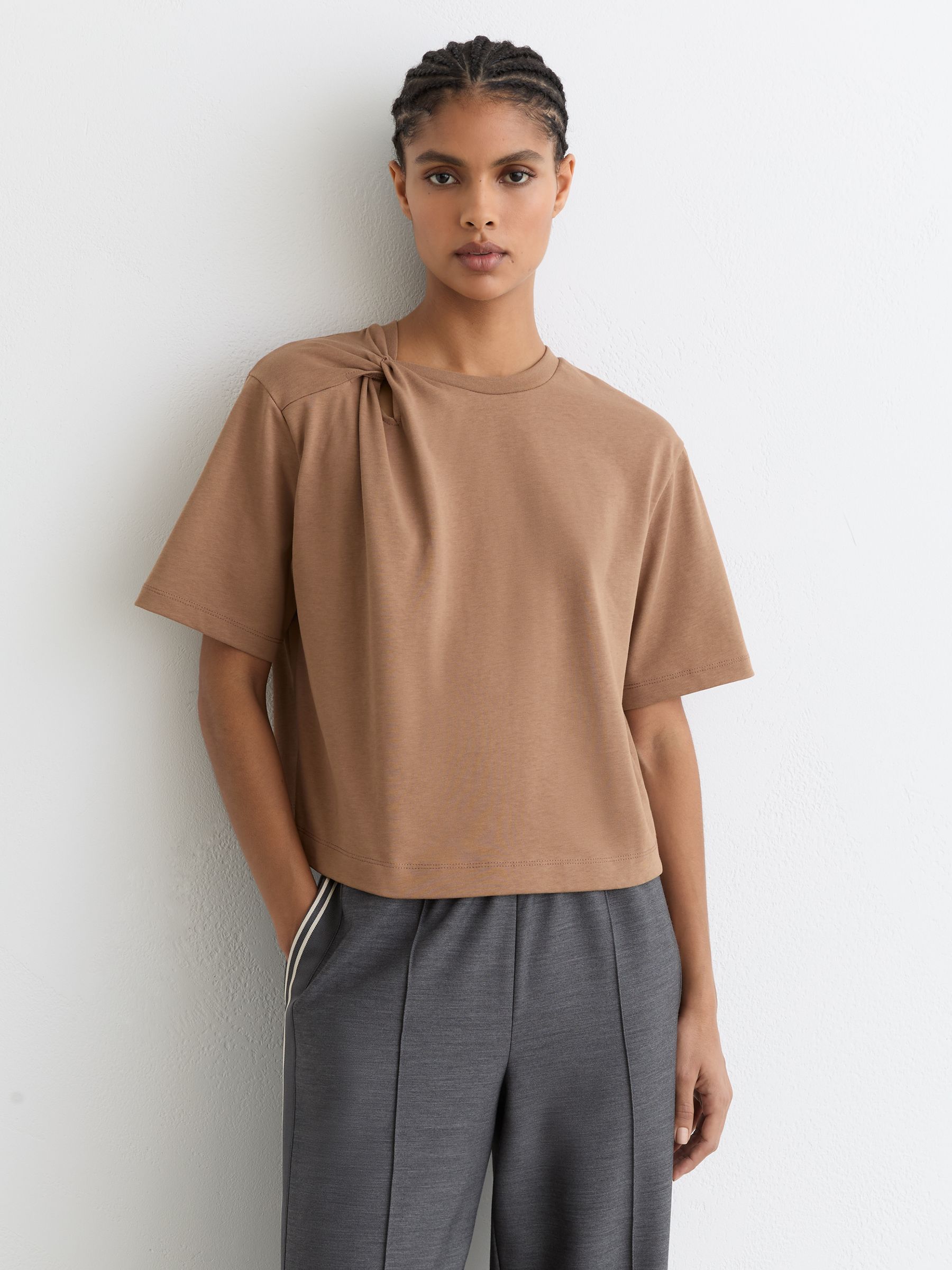 Cotton Twist-Detail Boxy T-Shirt in Taupe Brown - Image 1 of 6