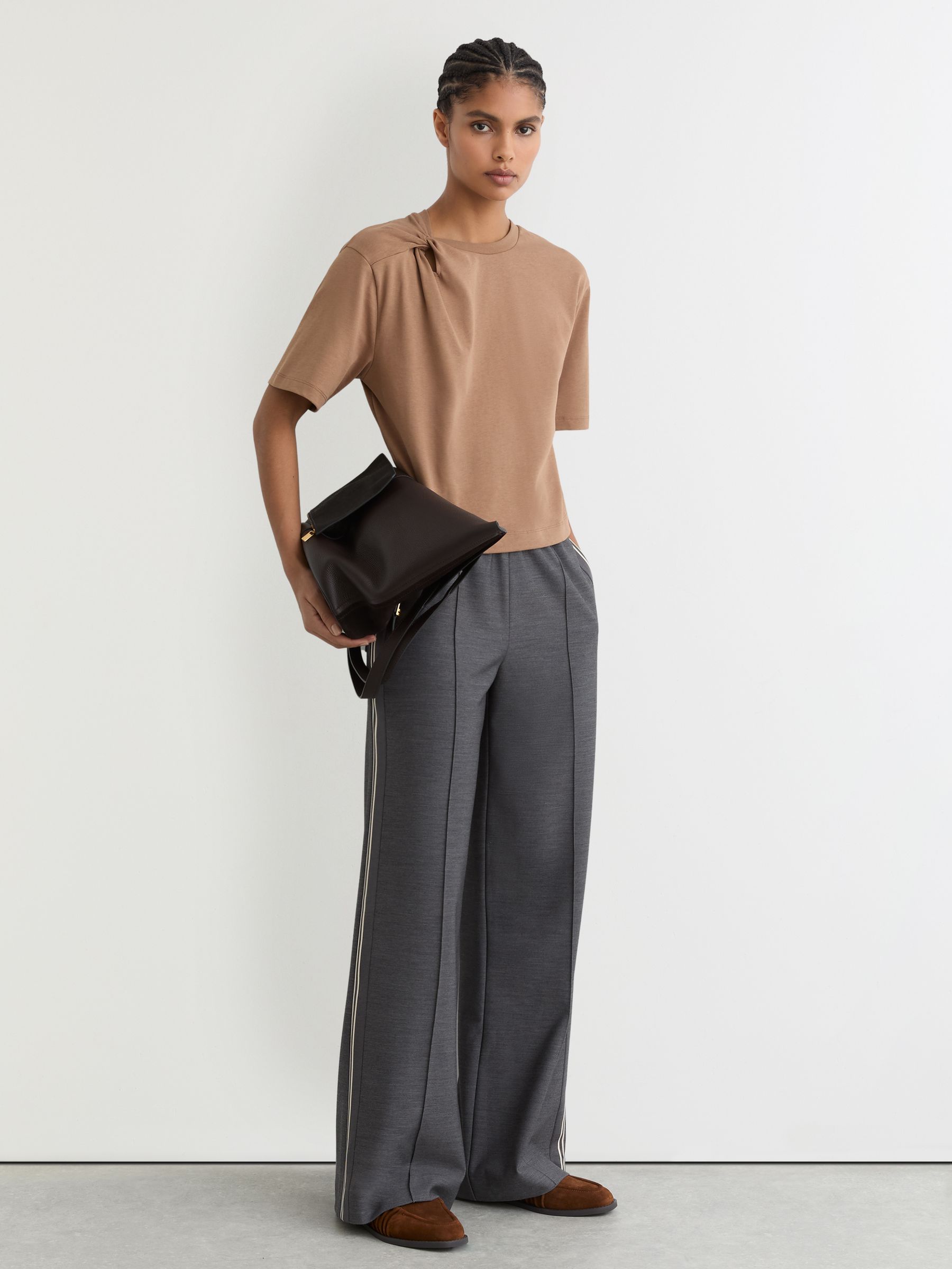 Cotton Twist-Detail Boxy T-Shirt in Taupe Brown - image 3
