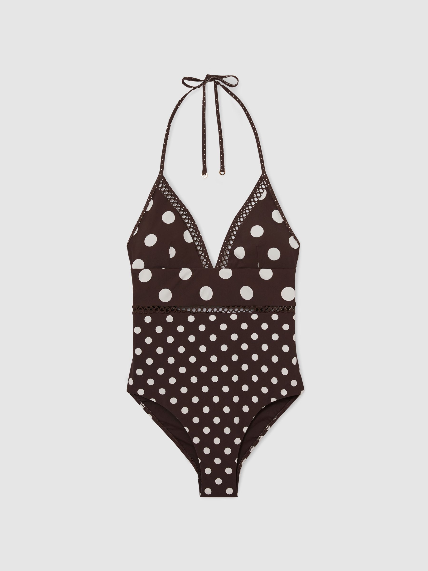Polka-Dot Lattice-Trim Swimsuit in Chocolate Brown/Ivory - image 1