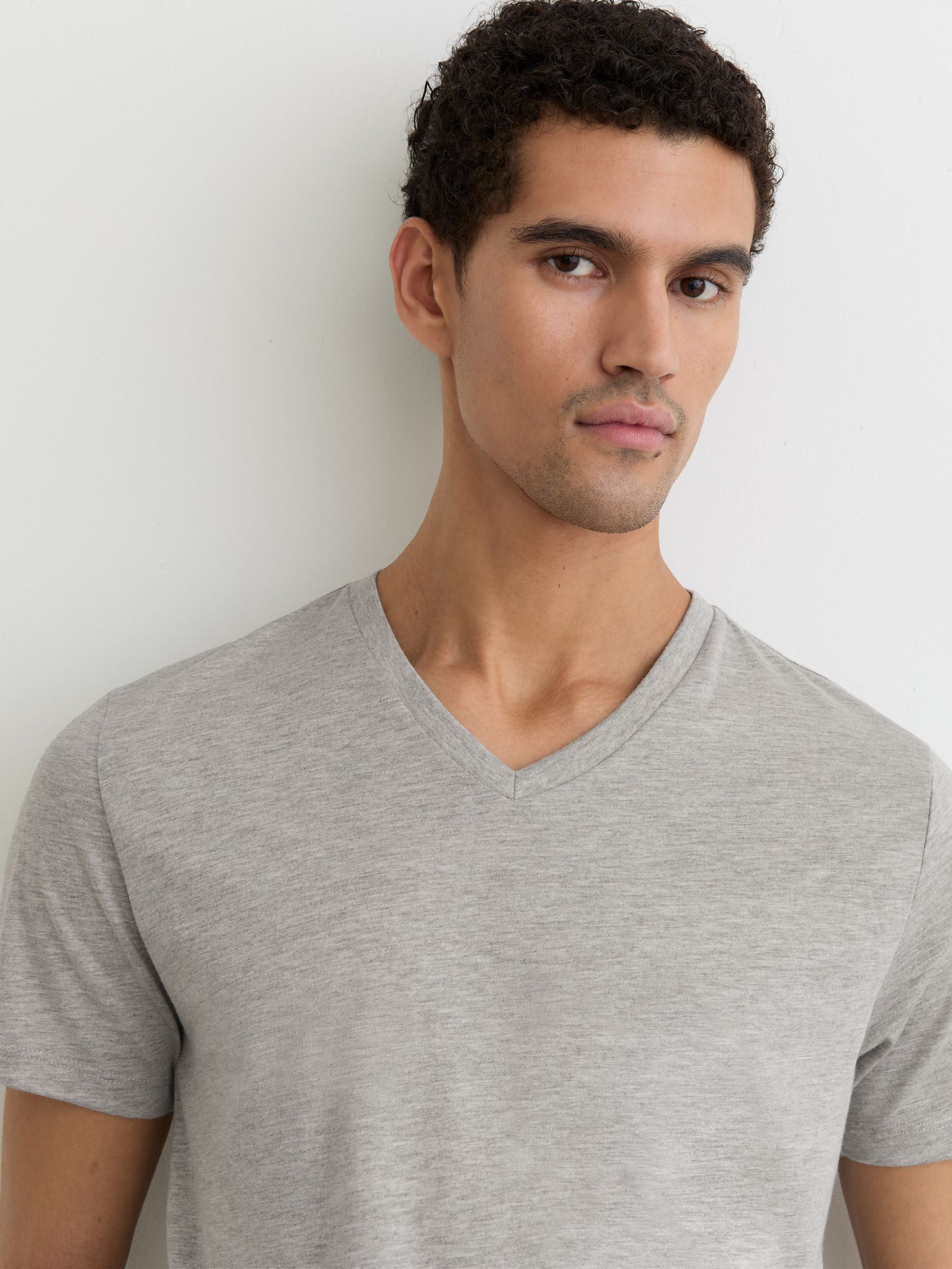 Cotton V-Neck T-Shirt in Grey Melange - Image 4 of 6