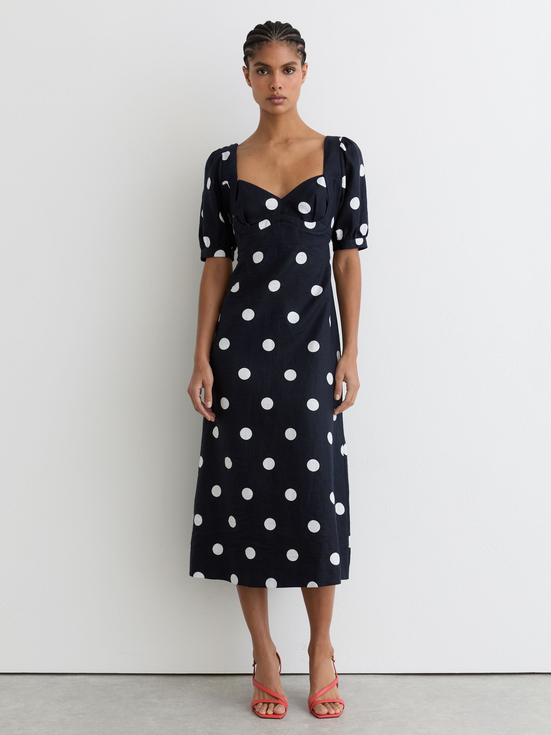 Linen Puff-Sleeve Polka-Dot Midi Dress in Navy/Ivory - Image 1 of 7