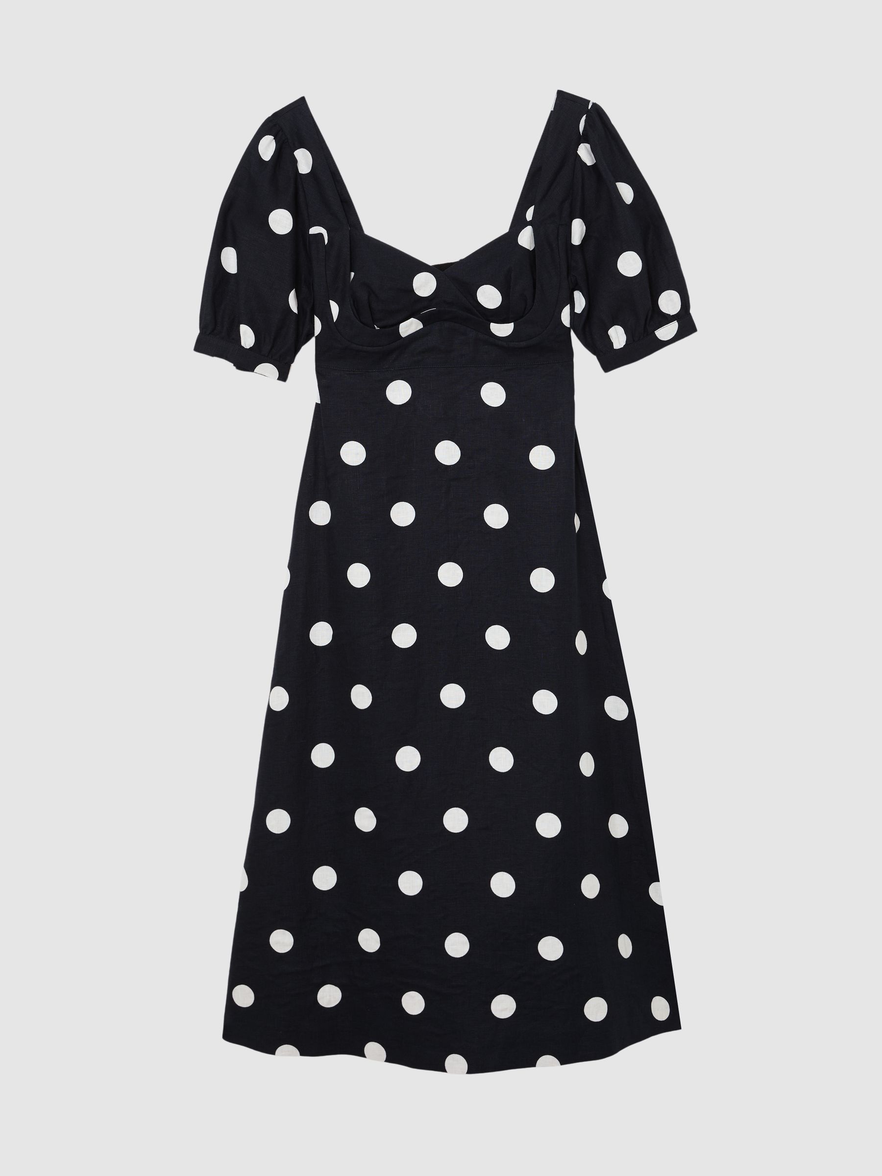 Linen Puff-Sleeve Polka-Dot Midi Dress in Navy/Ivory - Image 2 of 7