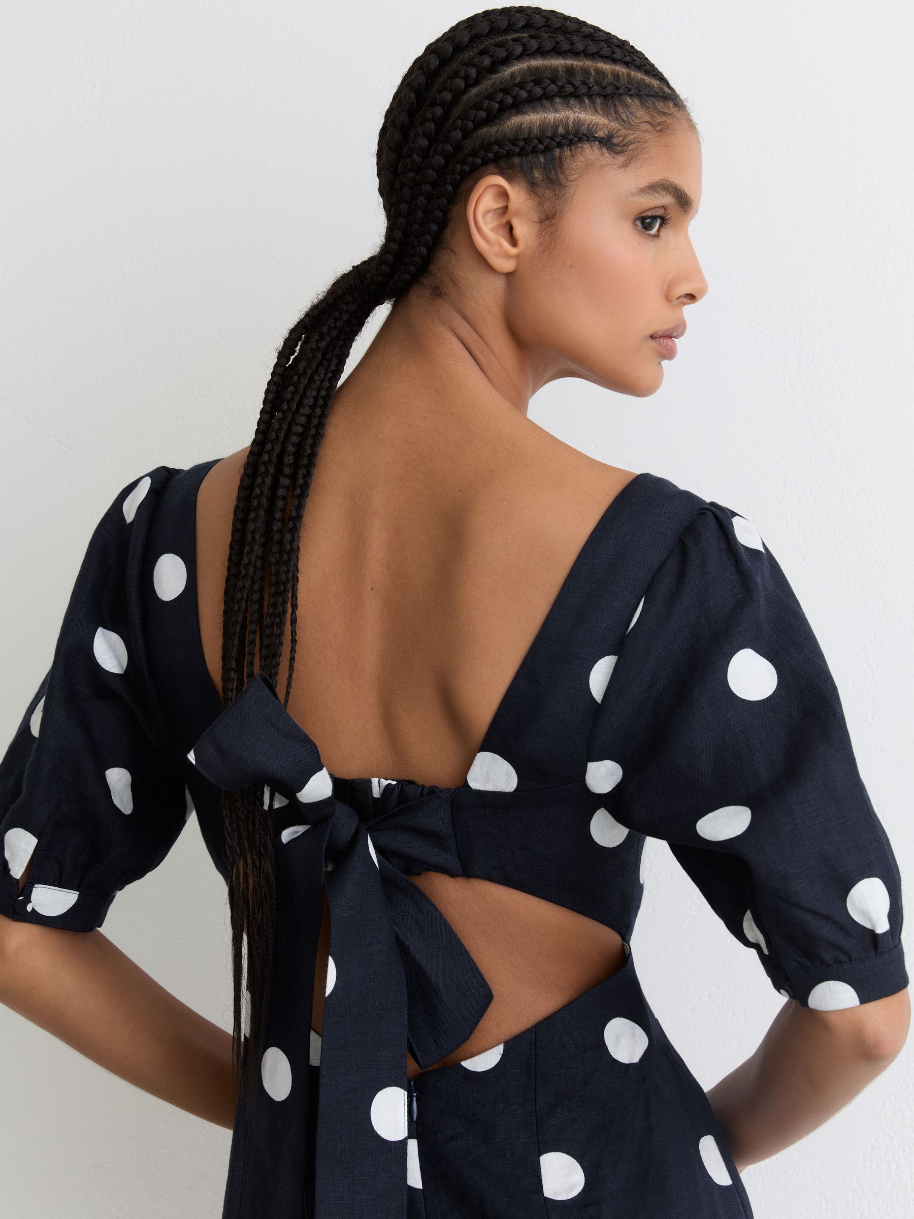 Linen Puff-Sleeve Polka-Dot Midi Dress in Navy/Ivory - Image 3 of 7