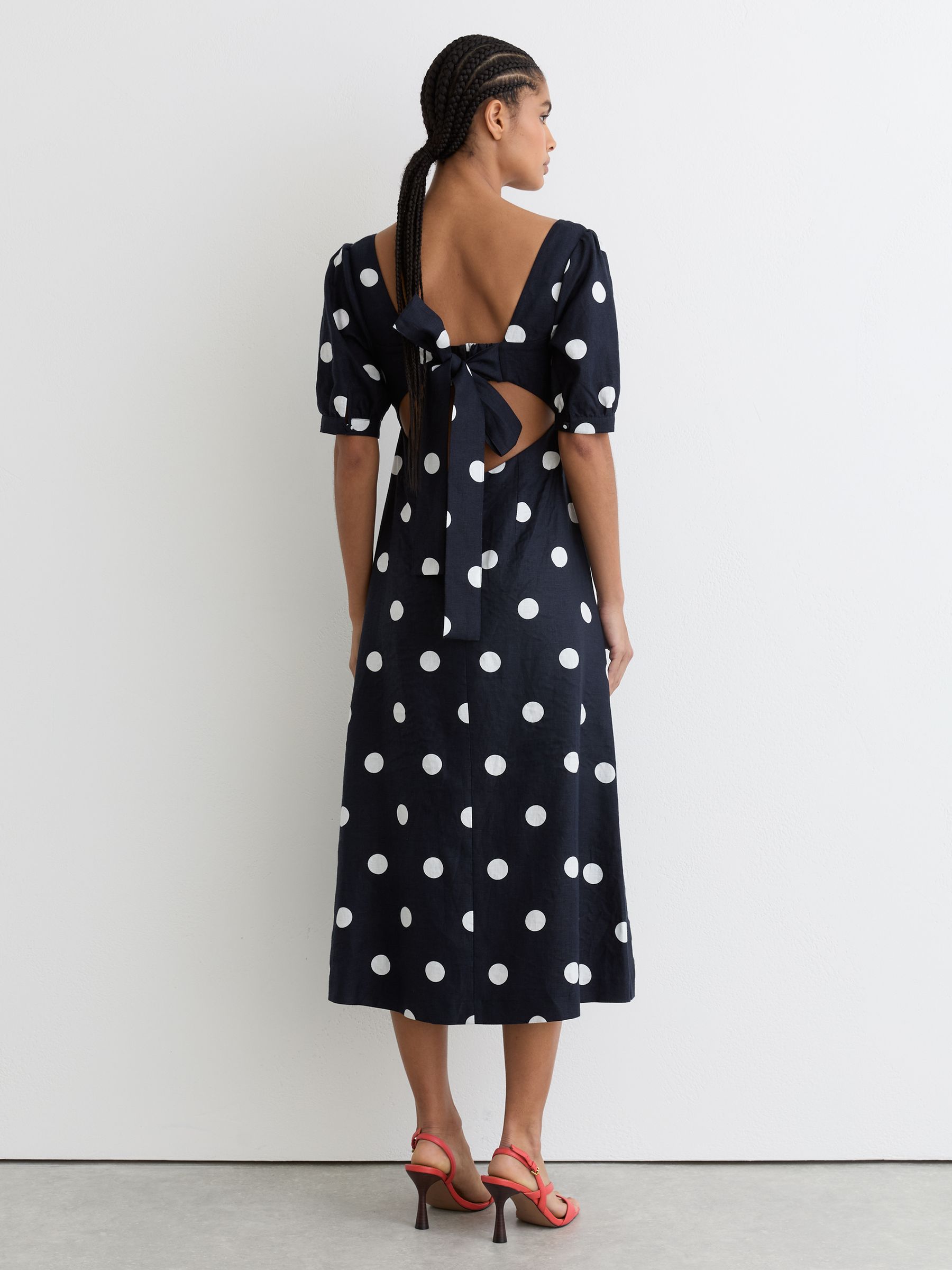 Linen Puff-Sleeve Polka-Dot Midi Dress in Navy/Ivory - image 5