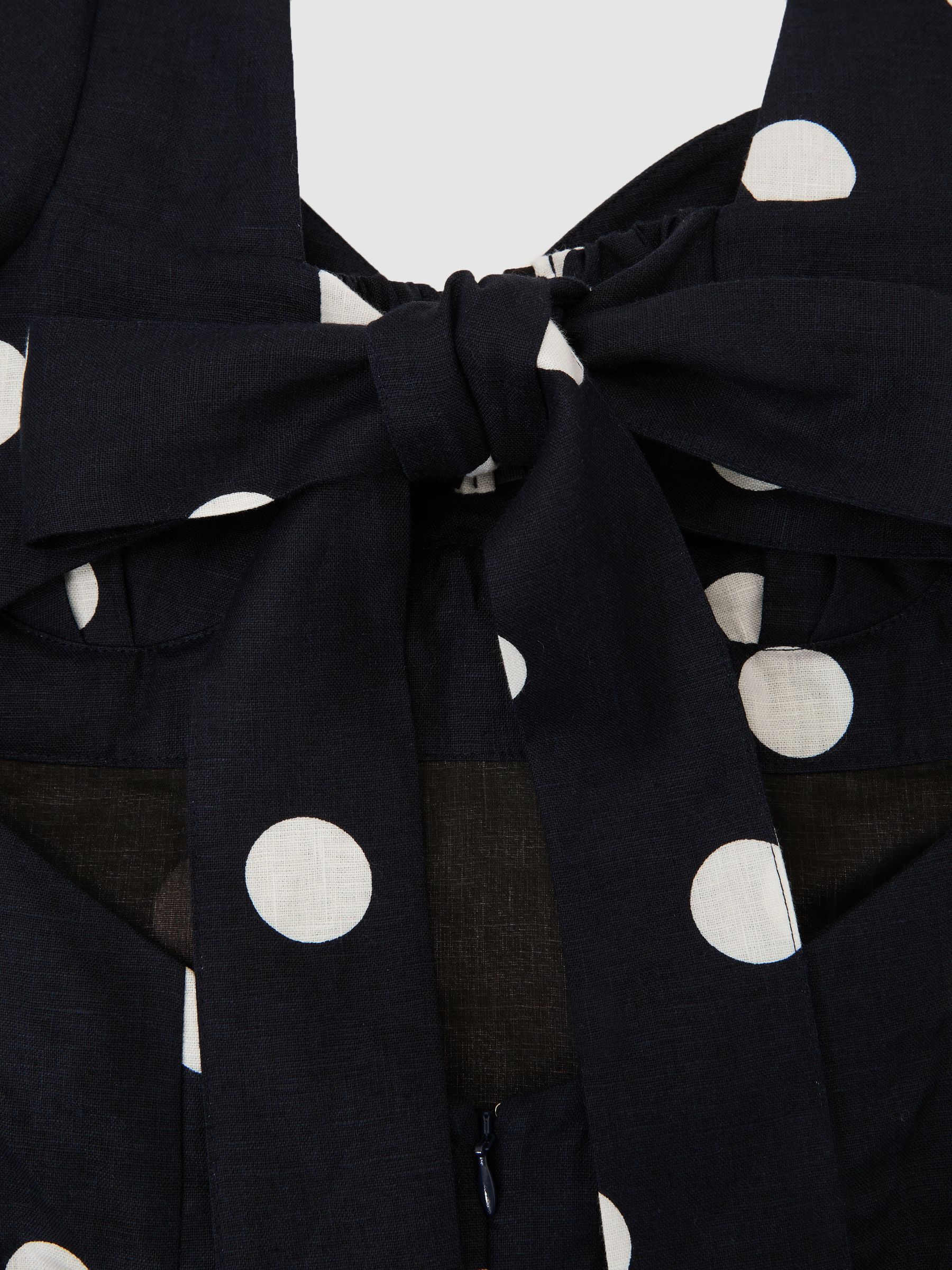 Linen Puff-Sleeve Polka-Dot Midi Dress in Navy/Ivory - image 3