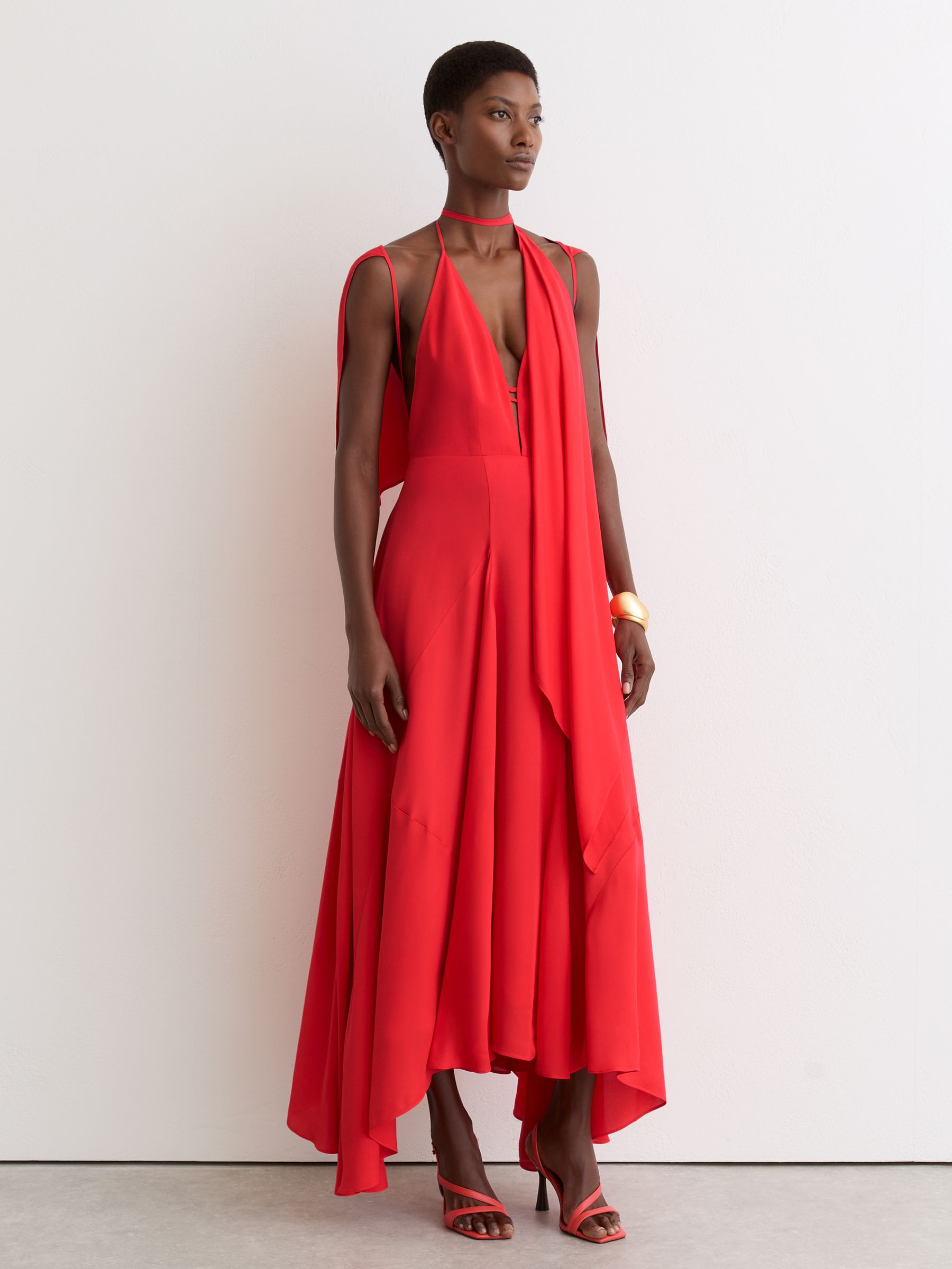 Strappy Draped Cape Maxi Dress in Orange - Image 1 of 7