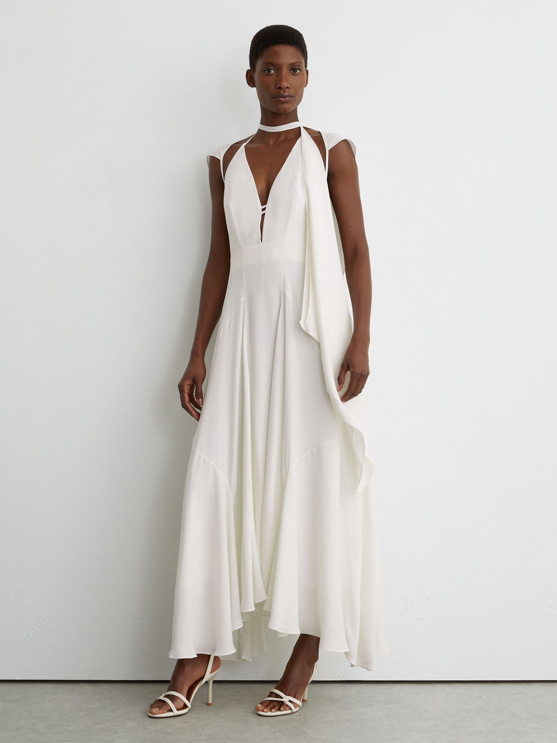 Strappy Draped Cape Maxi Dress in Ivory - Image 1 of 7