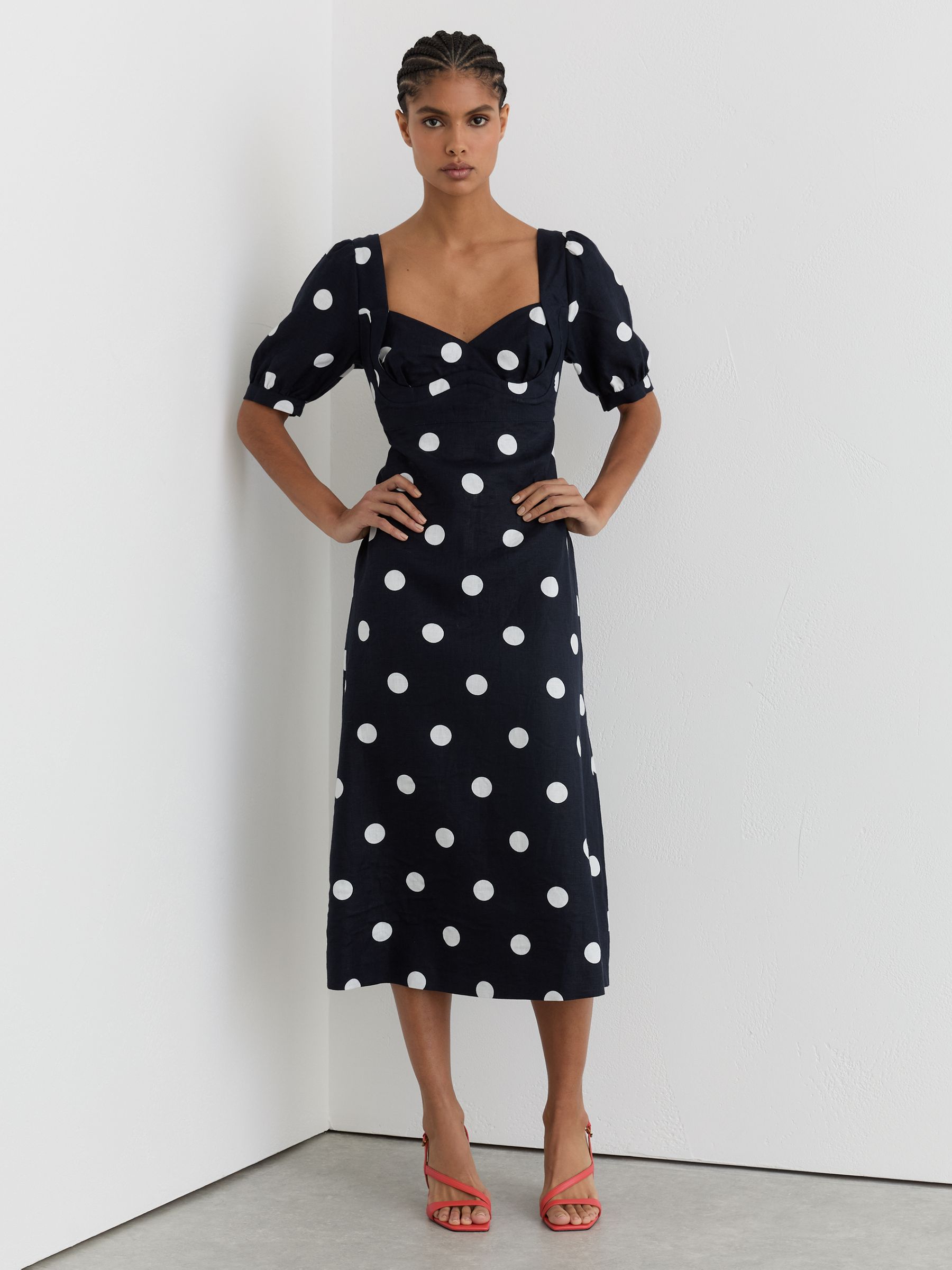 Petite Linen Puff-Sleeve Polka-Dot Midi Dress in Navy/Ivory - Image 1 of 8
