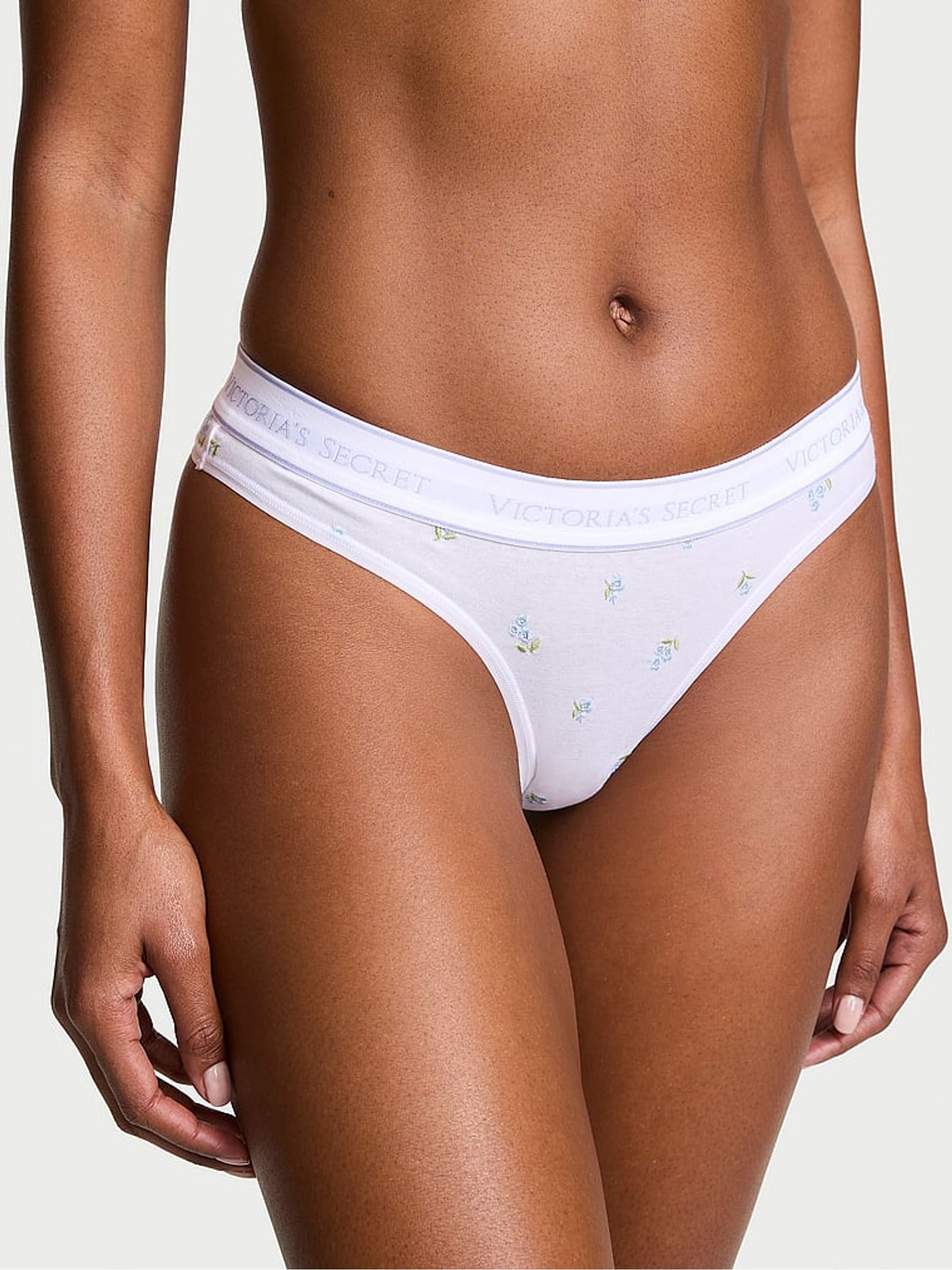 White Floral Thong Cotton Logo Embroidered Knickers - Image 1 of 3