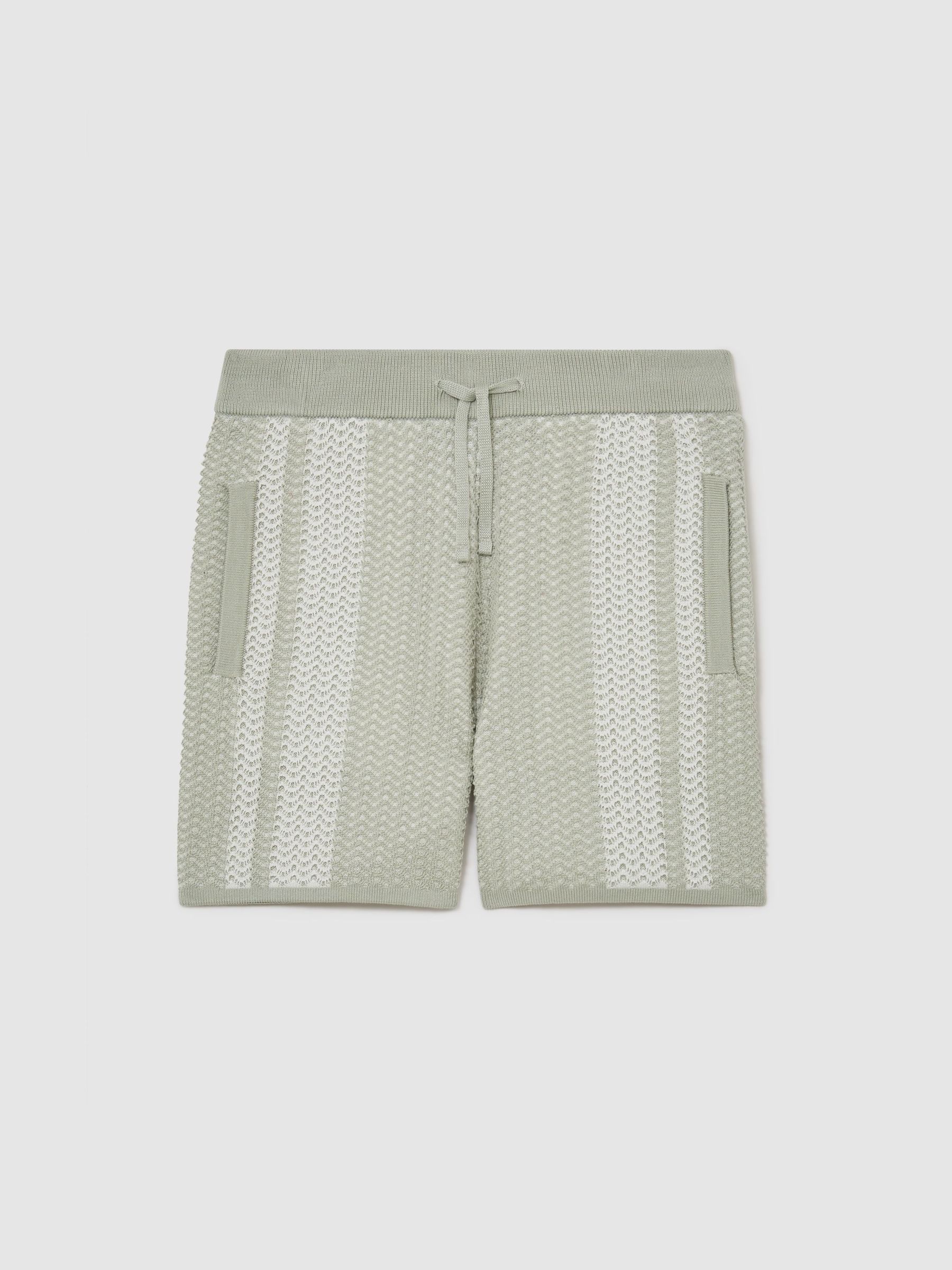 Cotton Textured-Knit Striped Shorts in Sage/White - Image 2 of 3