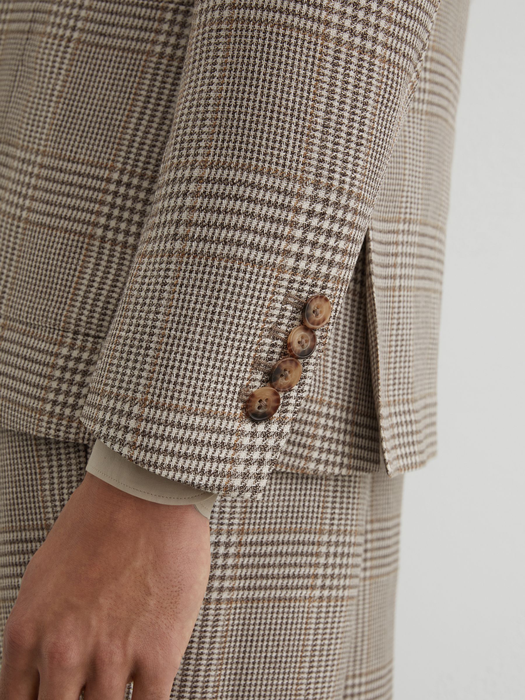 Tailored Fit Linen-Wool Single-Breasted Check Blazer in Oatmeal Brown - image 4