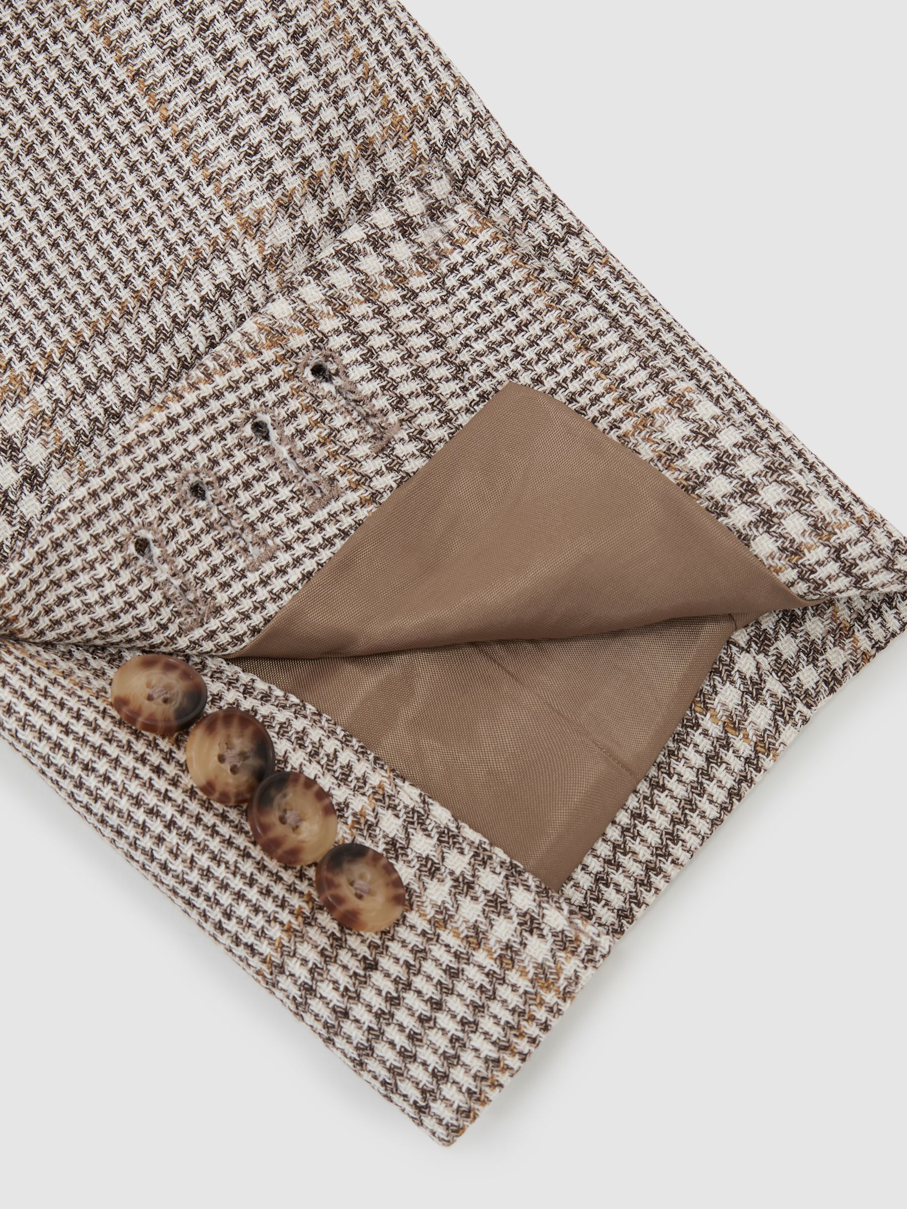 Tailored Fit Linen-Wool Single-Breasted Check Blazer in Oatmeal Brown - image 3