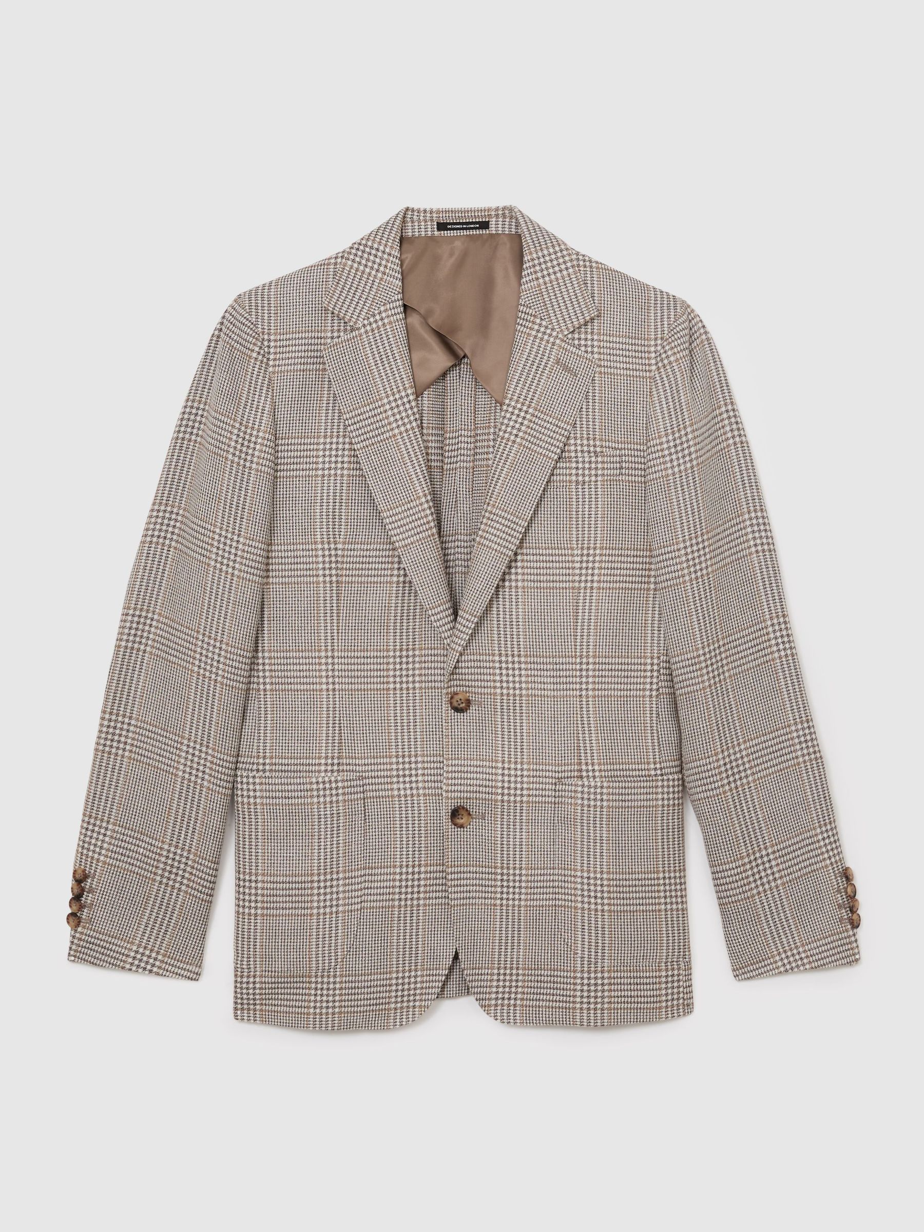 Tailored Fit Linen-Wool Single-Breasted Check Blazer in Oatmeal Brown - image 1