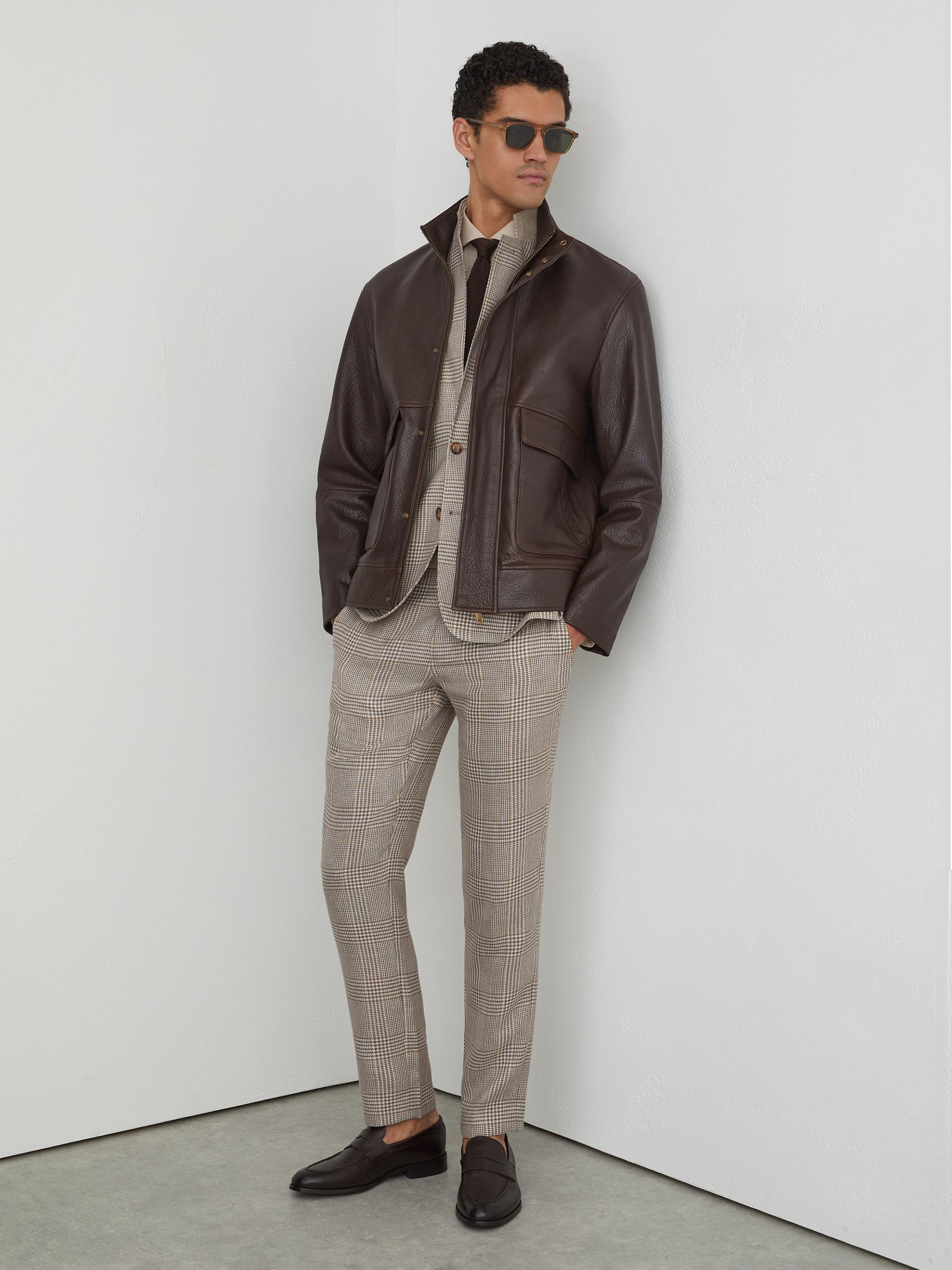 Blazer à carreaux en lin et laine, coupe ajustée, Simple boutonnage, couleur avoine - Image 7 de 12