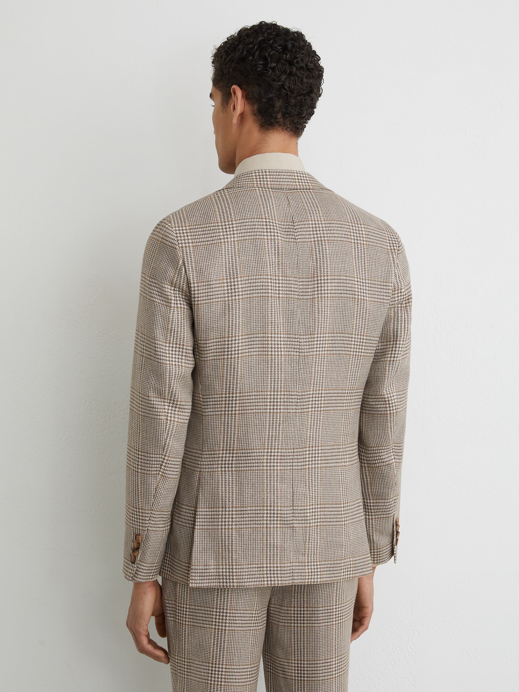 Tailored Fit Linen-Wool Single-Breasted Check Blazer in Oatmeal Brown - image 5
