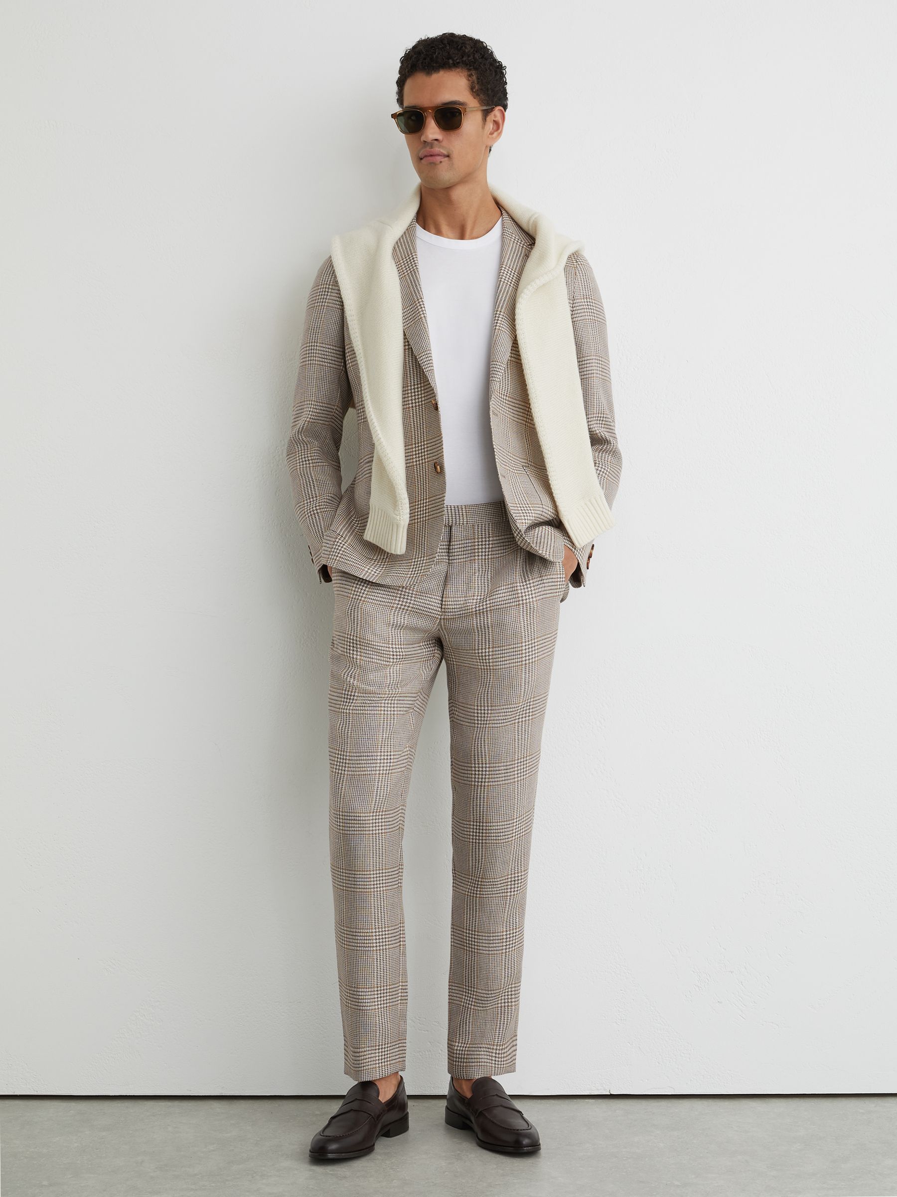 Tailored Fit Linen-Wool Check Suit Trousers in Oatmeal Brown - image 2
