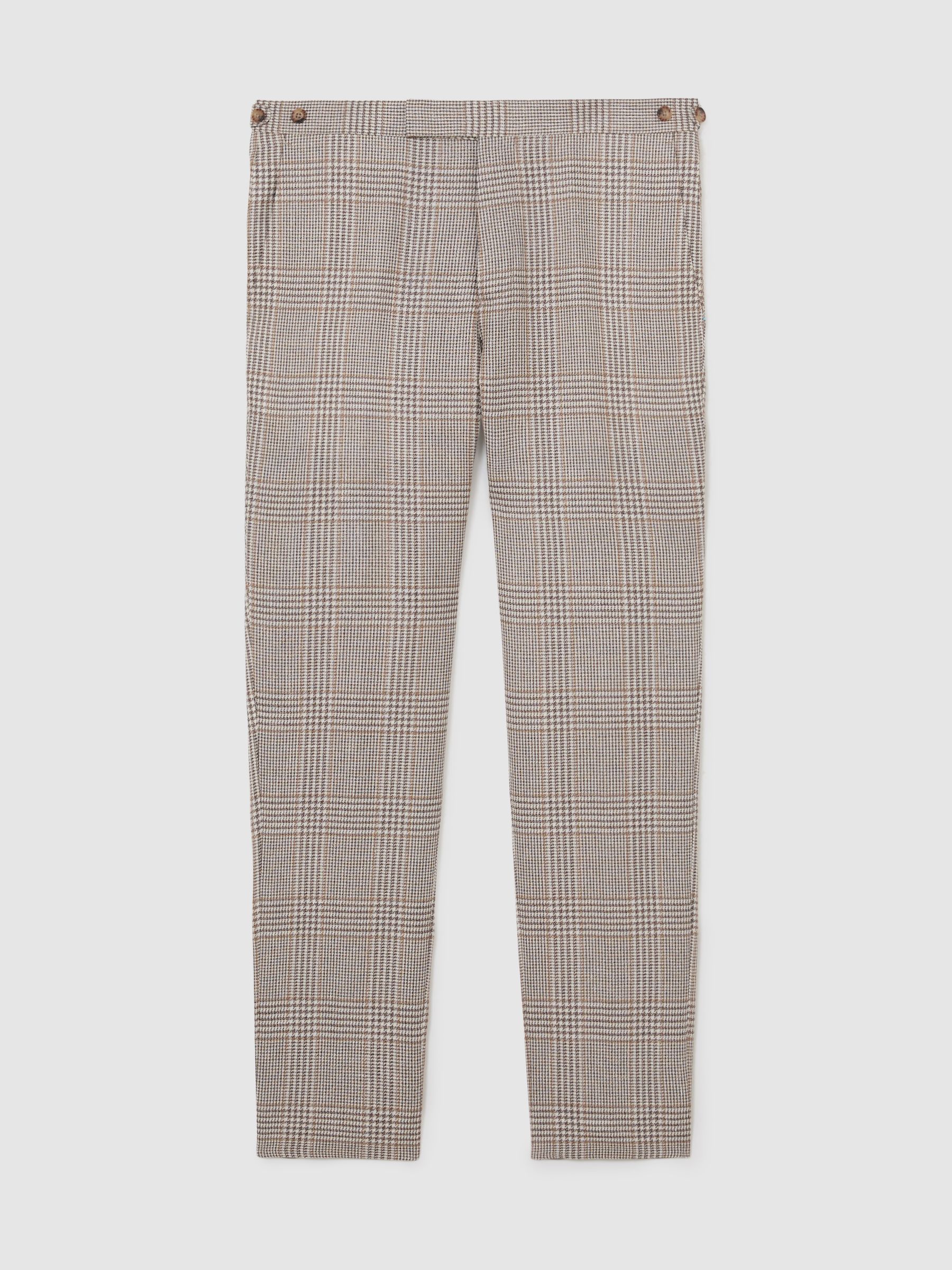 Tailored Fit Linen-Wool Check Suit Trousers in Oatmeal Brown - image 1