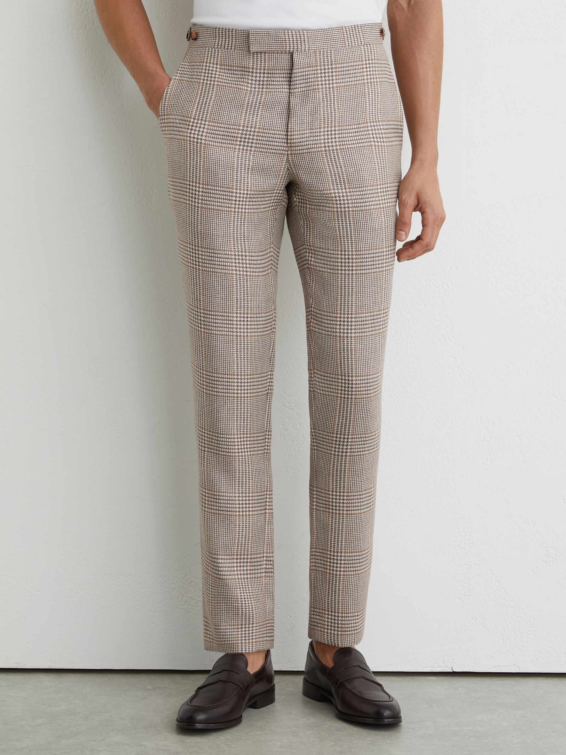 Linen-Wool Check Tailored-Fit Suit Trousers in Oatmeal Brown - Image 3 of 6