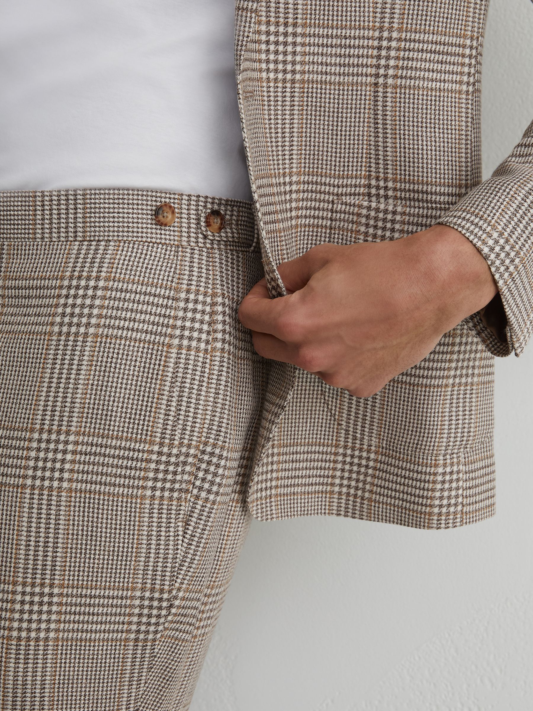 Tailored Fit Linen-Wool Check Suit Trousers in Oatmeal Brown - image 5