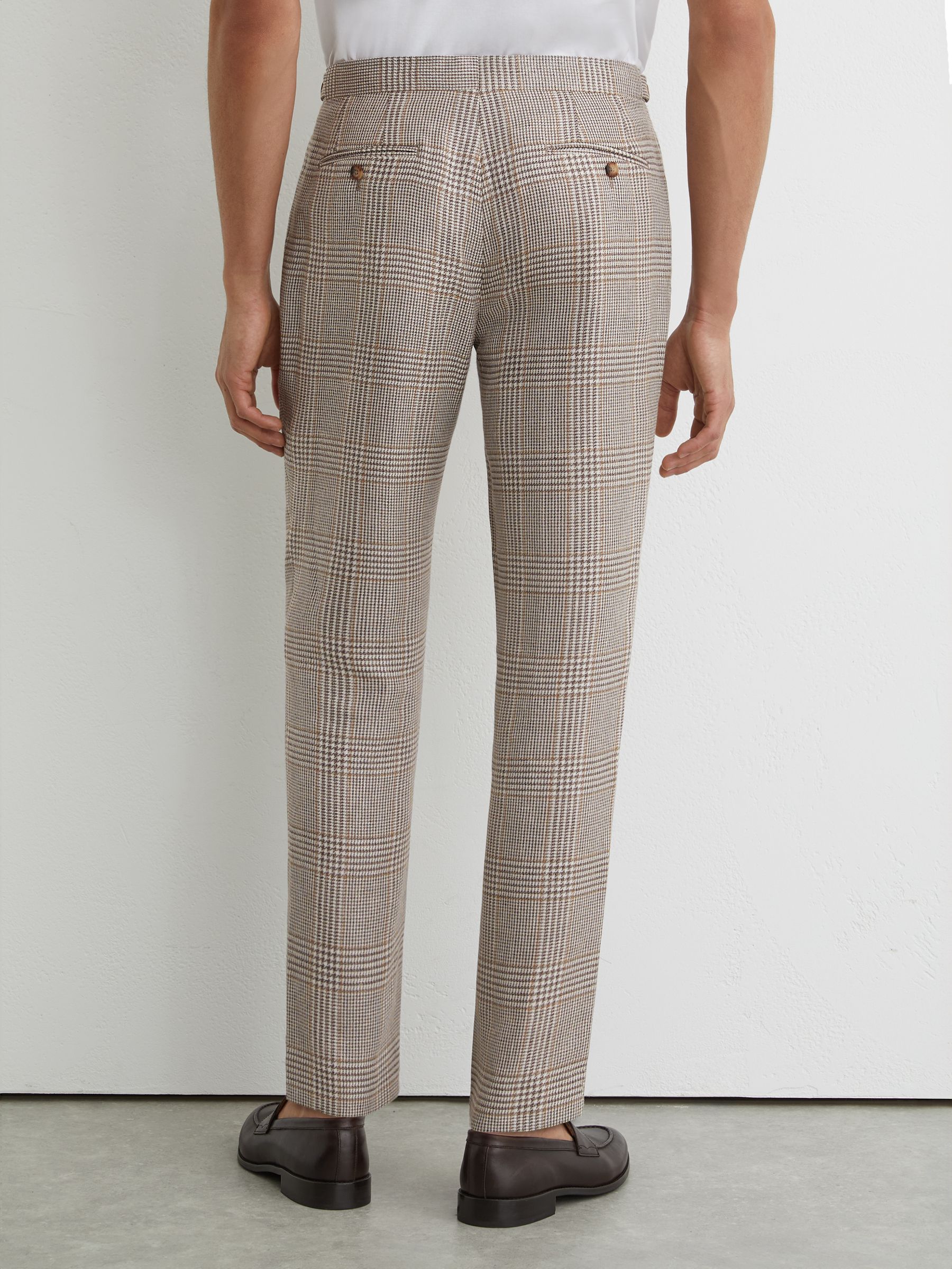 Tailored Fit Linen-Wool Check Suit Trousers in Oatmeal Brown - image 4