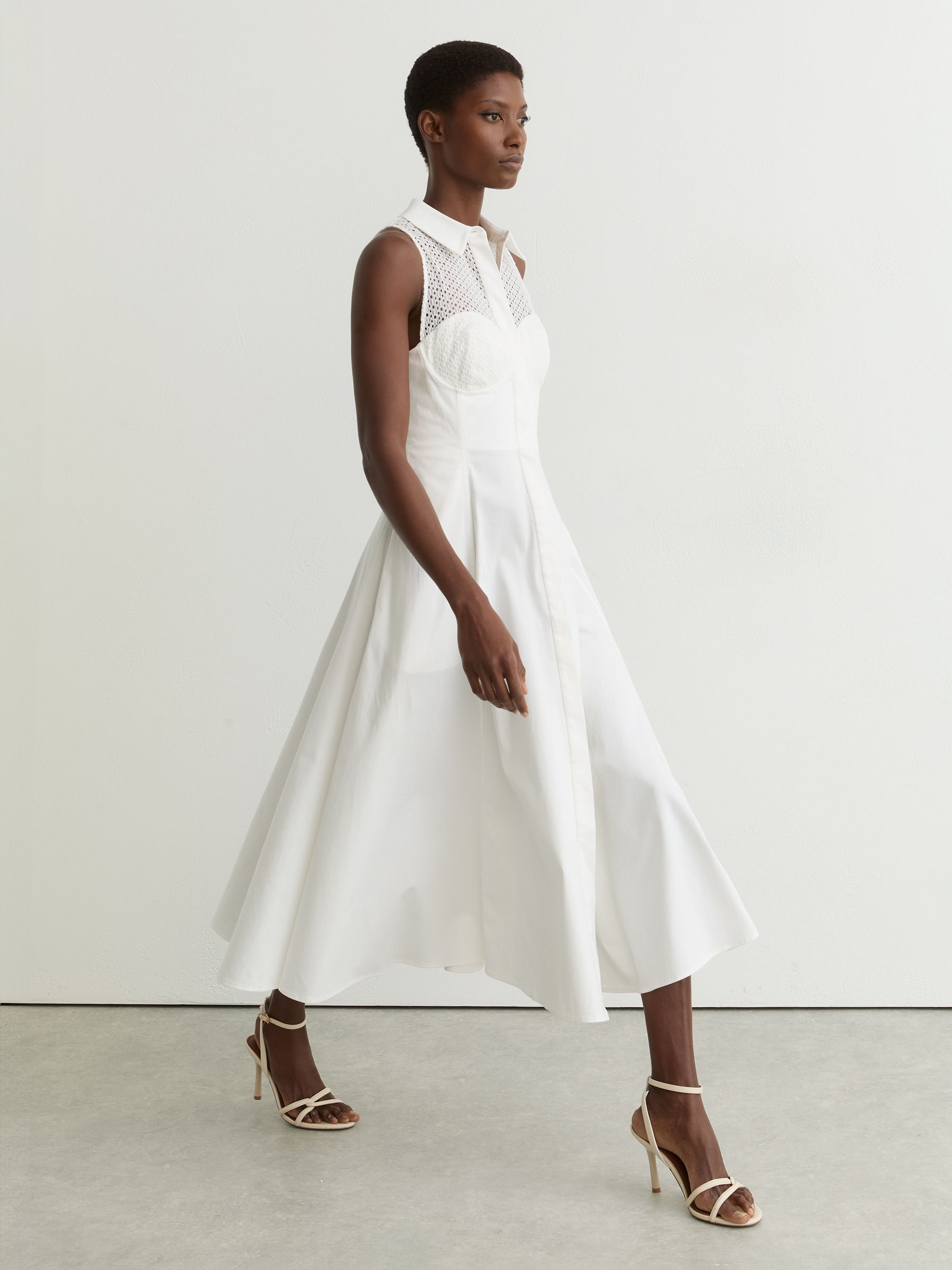 Cotton Broderie-Detail Midi Dress with Stretch in Ivory - image 2