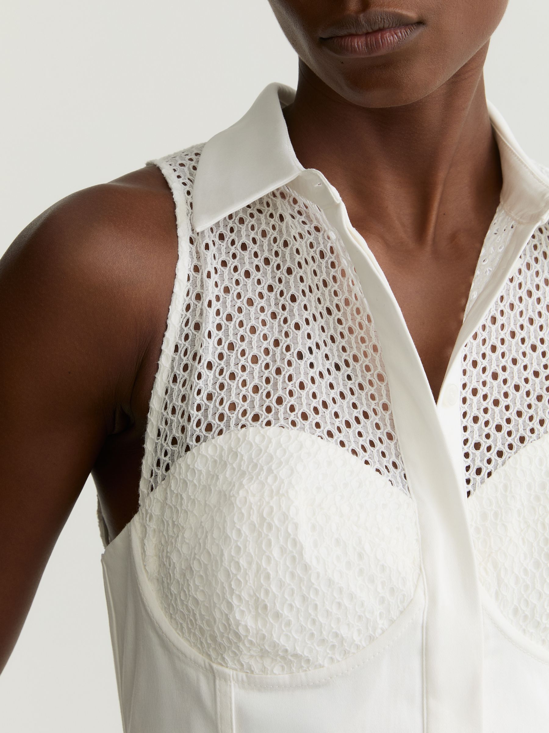 Cotton Broderie-Detail Midi Dress with Stretch in Ivory - image 3