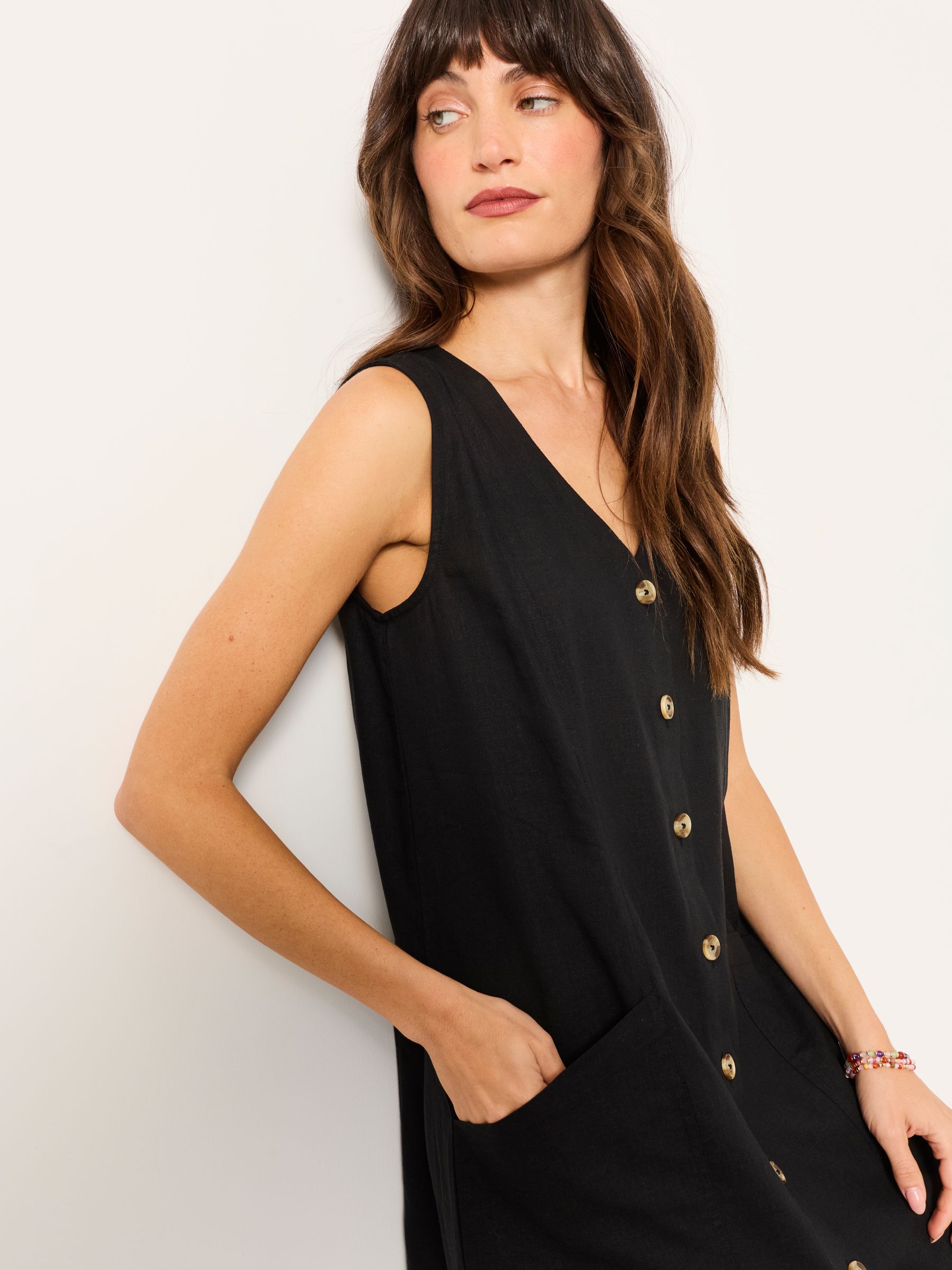 black linen dress petite Ann Taylor Petite Belted Column Midi Dress in Linen Blend Size 12 Black Women's