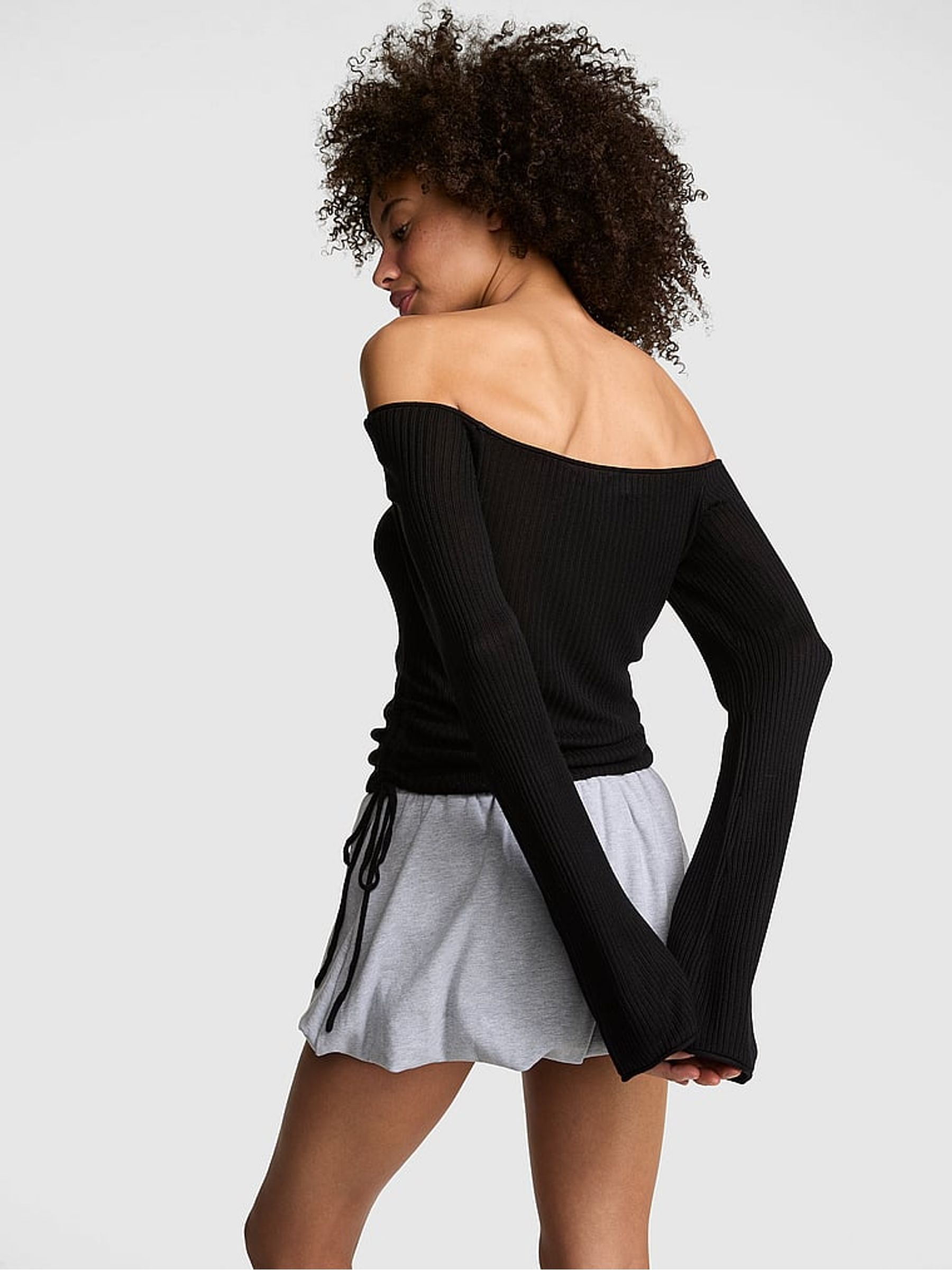 Black Off the Shoulder Ruched Rib Top - Image 2 of 2