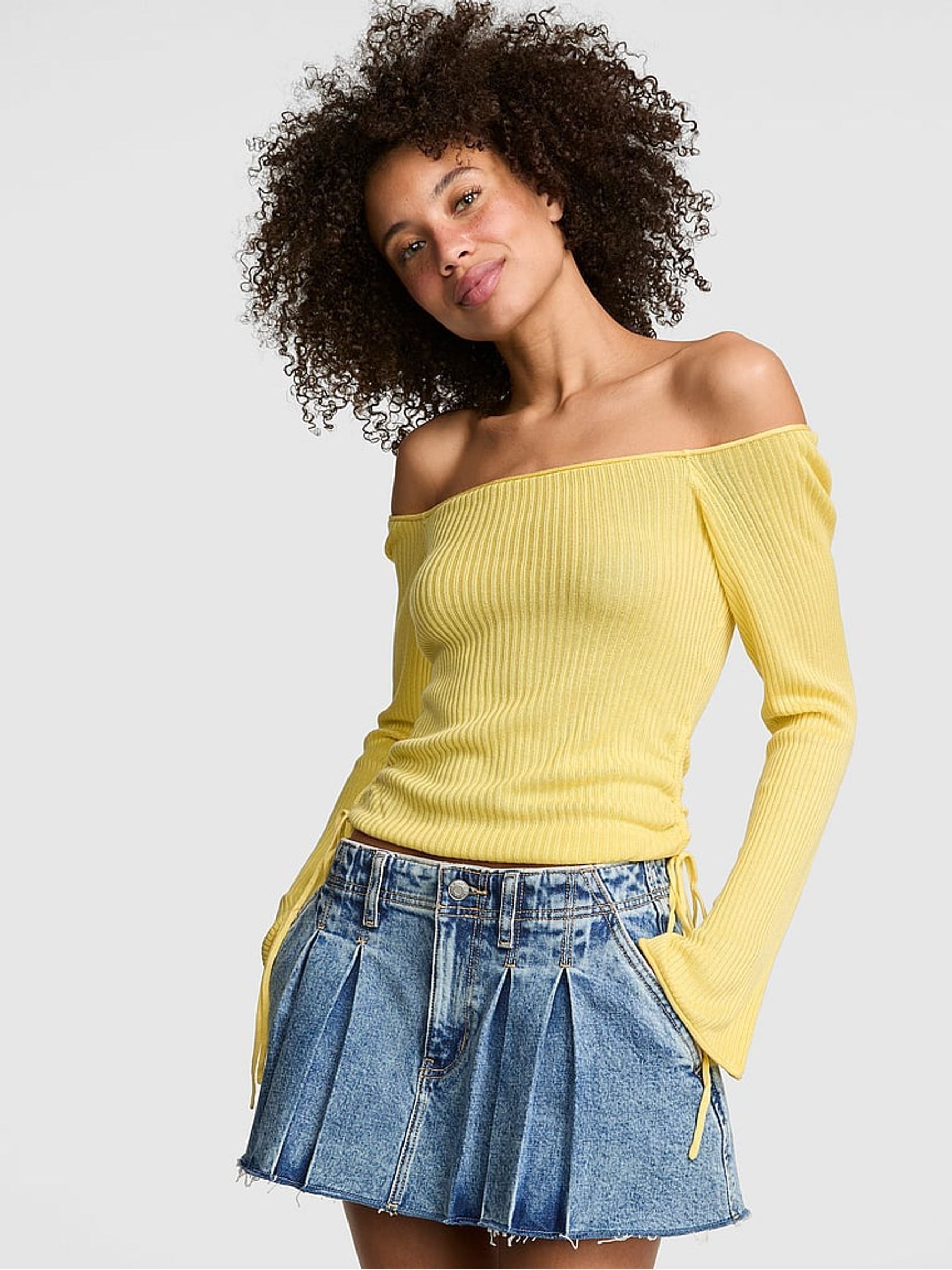 Lemon Tree Yellow Off the Shoulder Ruched Rib Top - Image 1 of 2