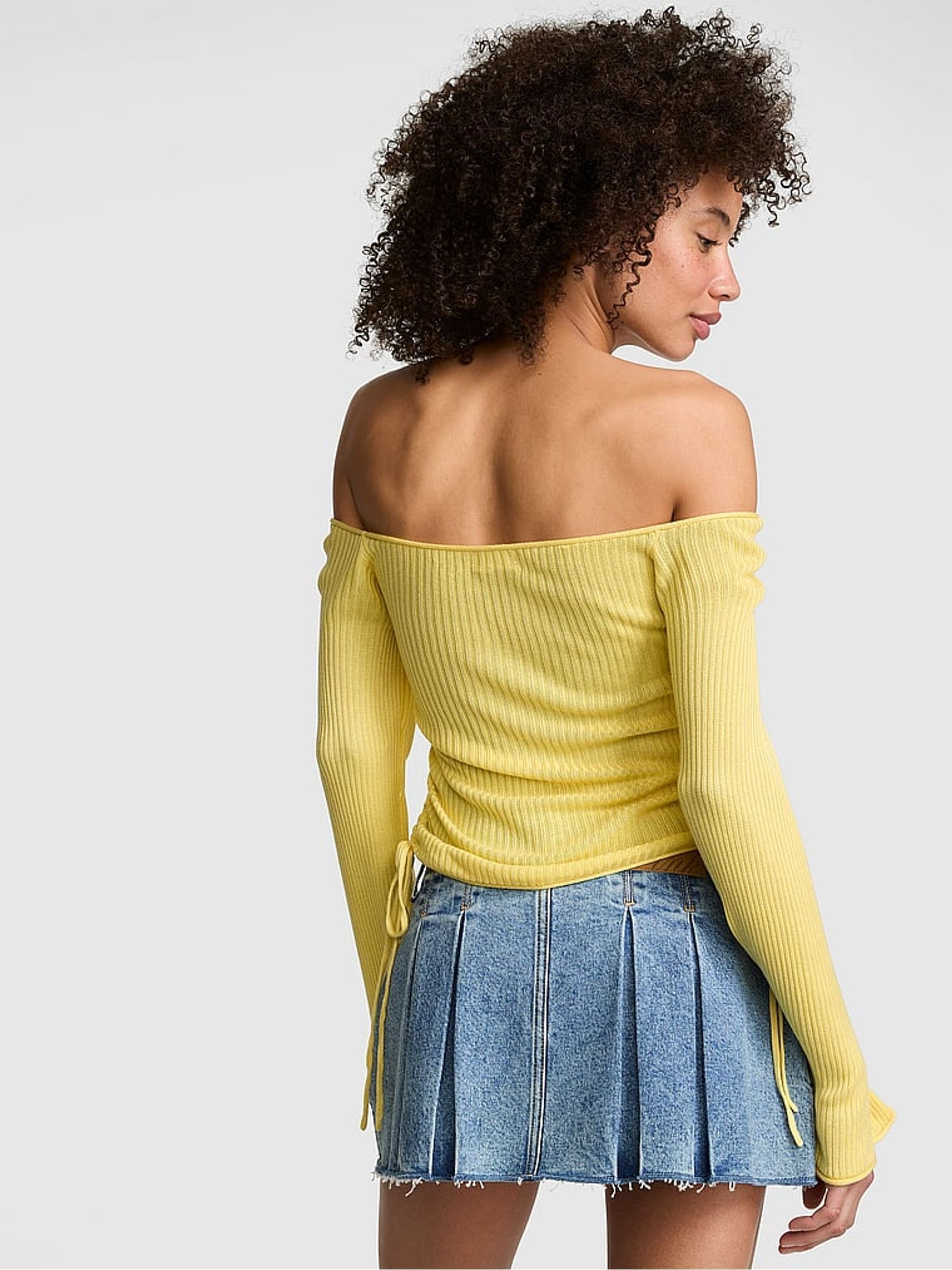Lemon Tree Yellow Off the Shoulder Ruched Rib Top - Image 2 of 2