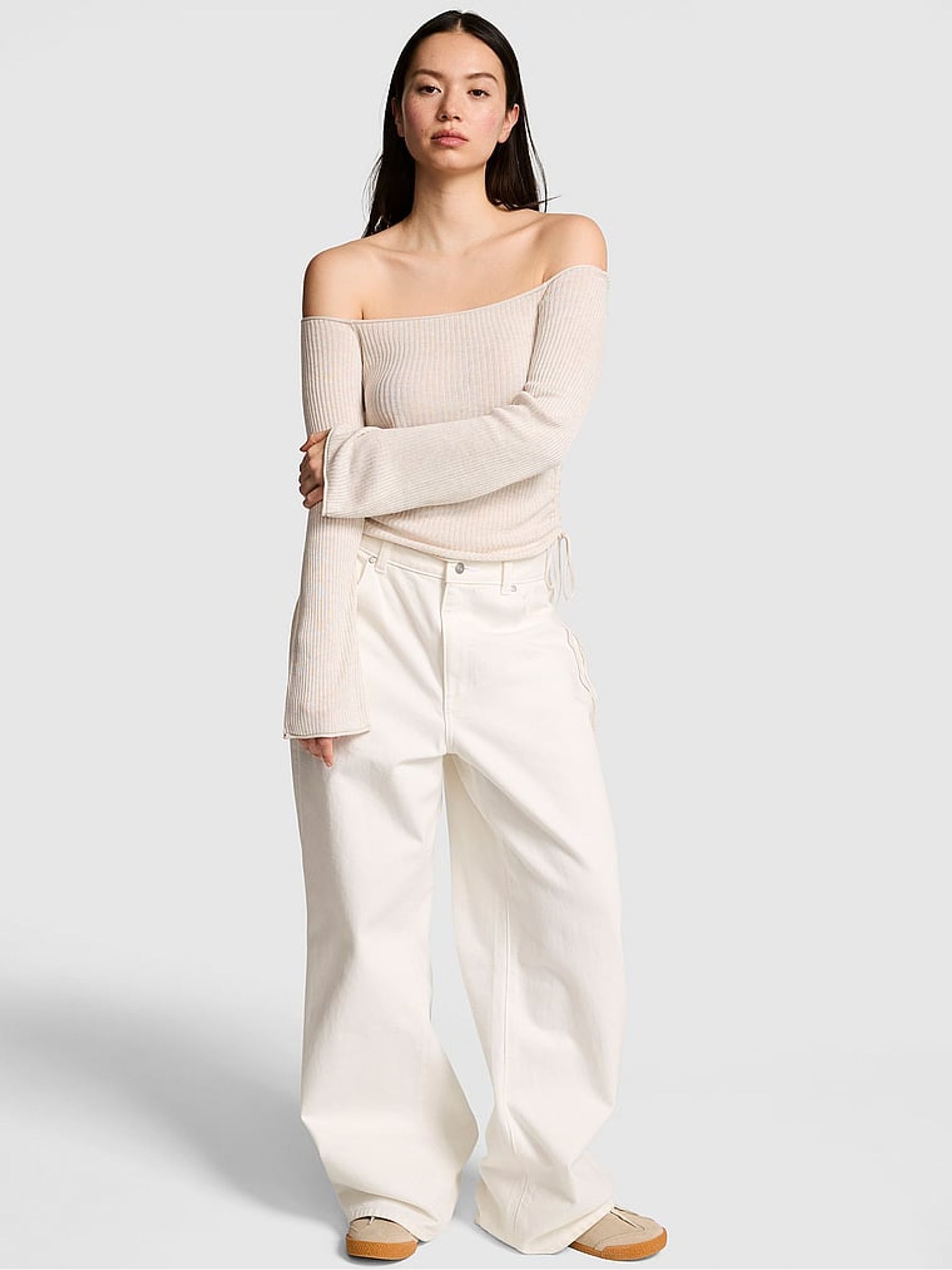 Natural Heather Nude Off the Shoulder Ruched Rib Top - Image 1 of 2