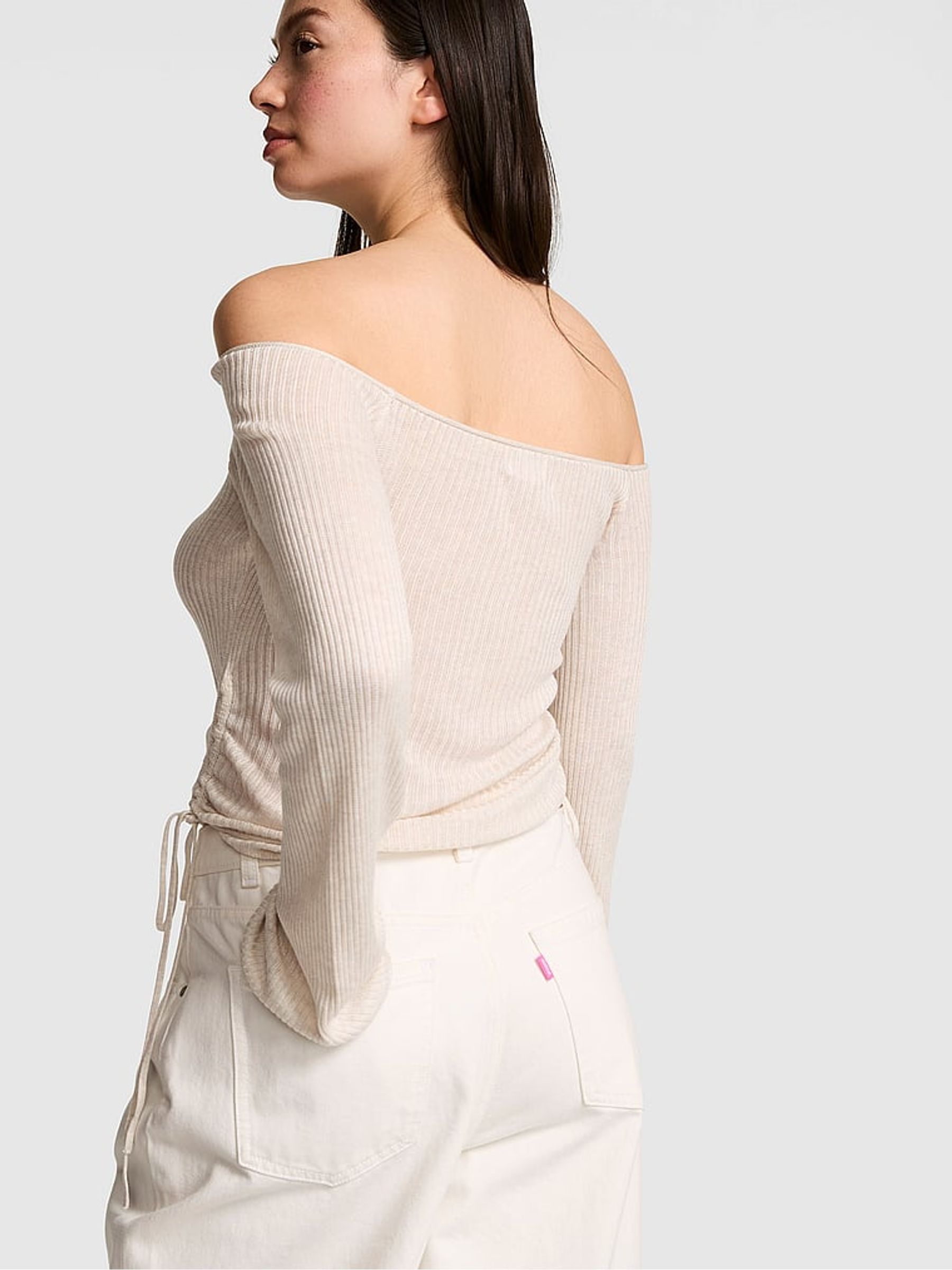 Natural Heather Nude Off the Shoulder Ruched Rib Top - Image 2 of 2