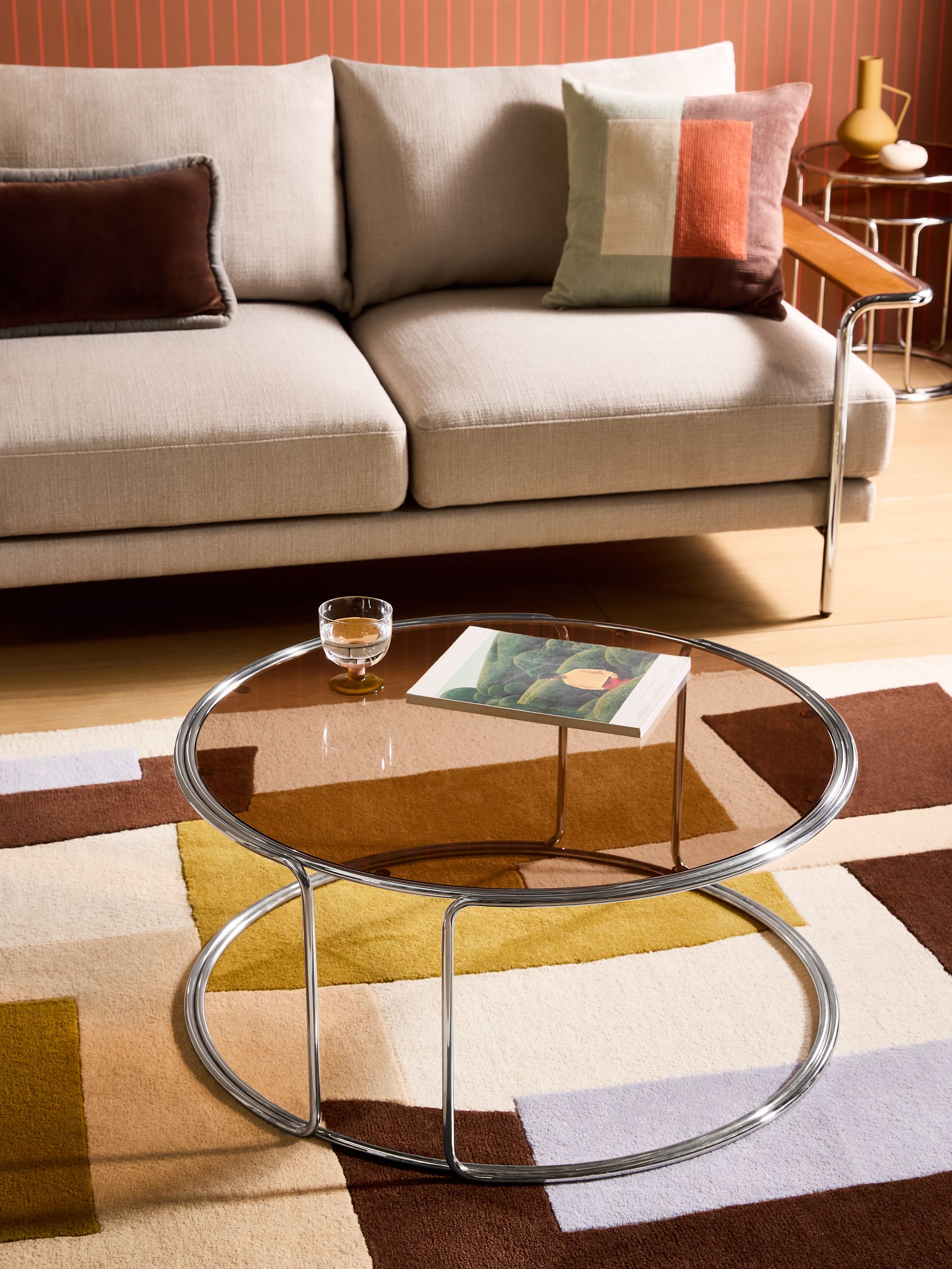 Piper Amber Glass Coffee Table in Chrome - Image 1 of 6 Piper Amber Glass Coffee Table in Chrome - Image 1 of 6